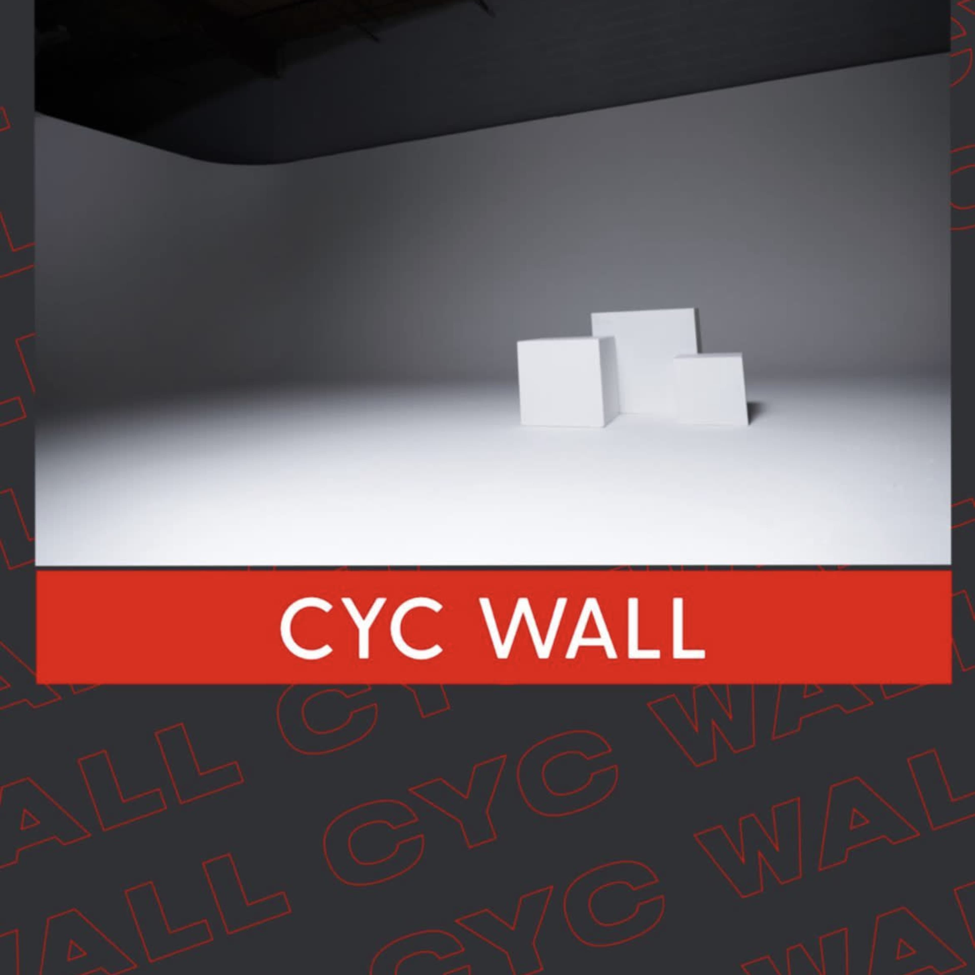 A cyc wall setup with three white blocks in a spacious, brightly lit area.