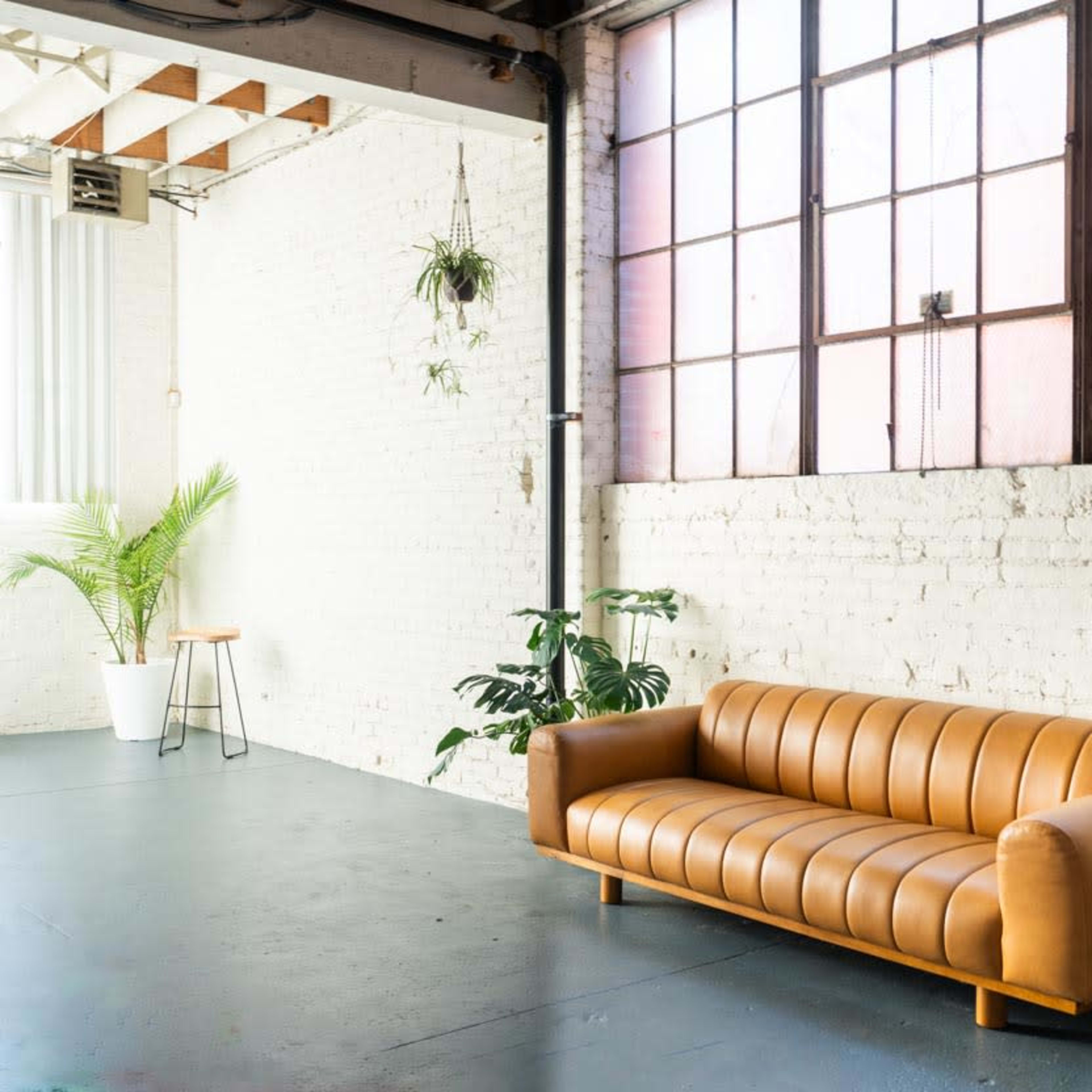 A bright interior space featuring a brown leather sofa, potted plants, and large windows with metal frames.