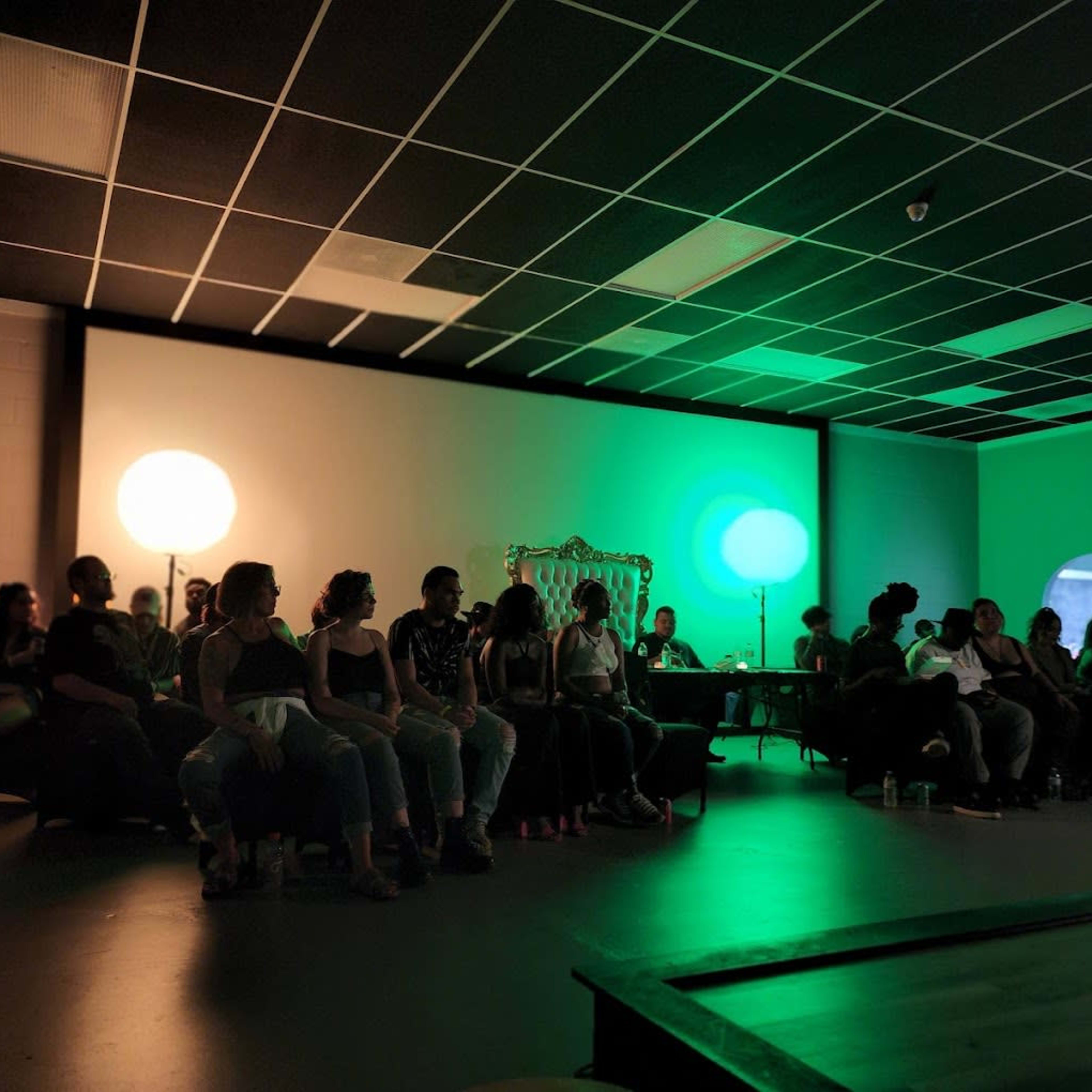 A group of people is seated in a dimly lit room with green and white lights, facing a central seating area.