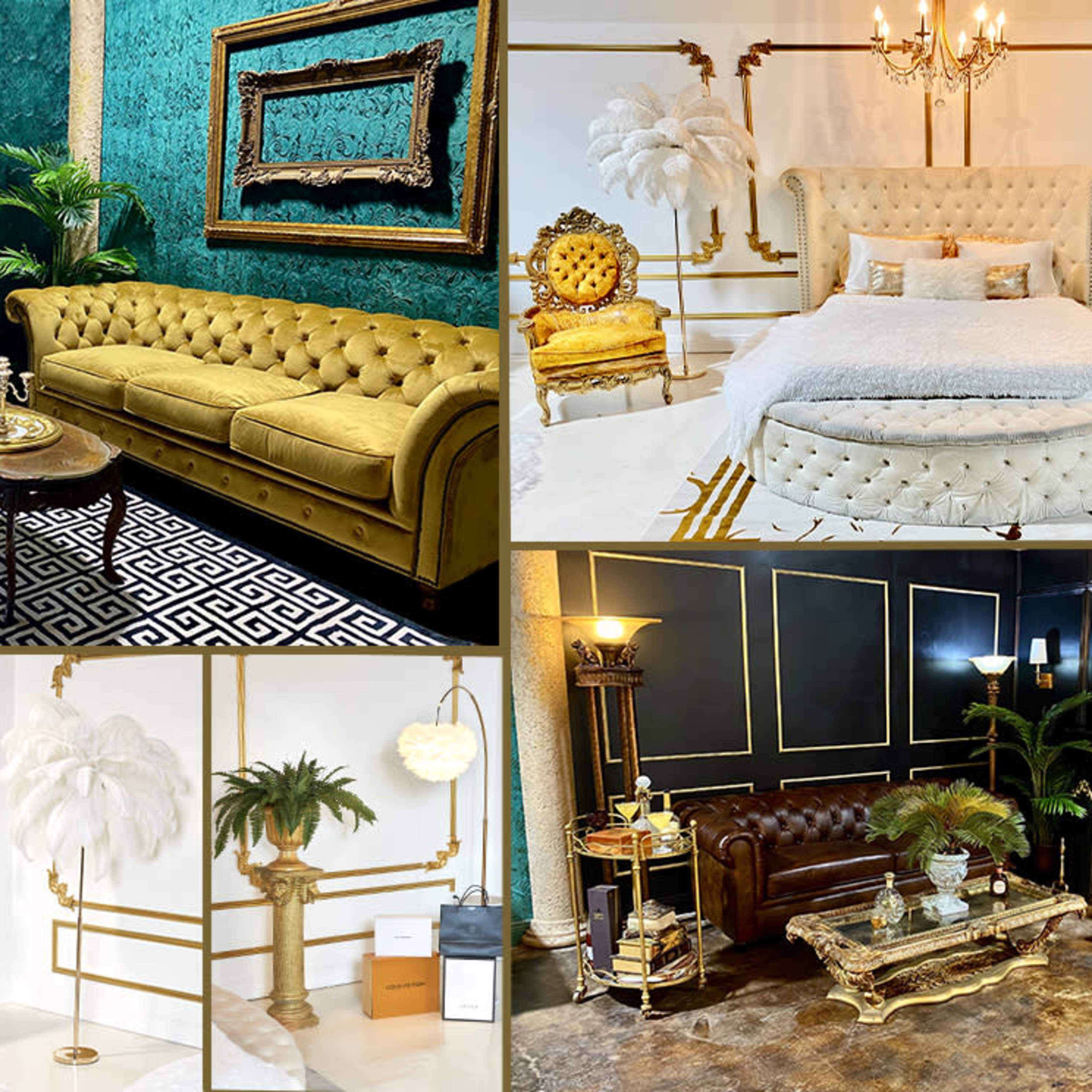 A collection of elegantly designed interior spaces showcasing luxurious furnishings, including a velvet sofa, a plush bed, and decorative gold accents.
