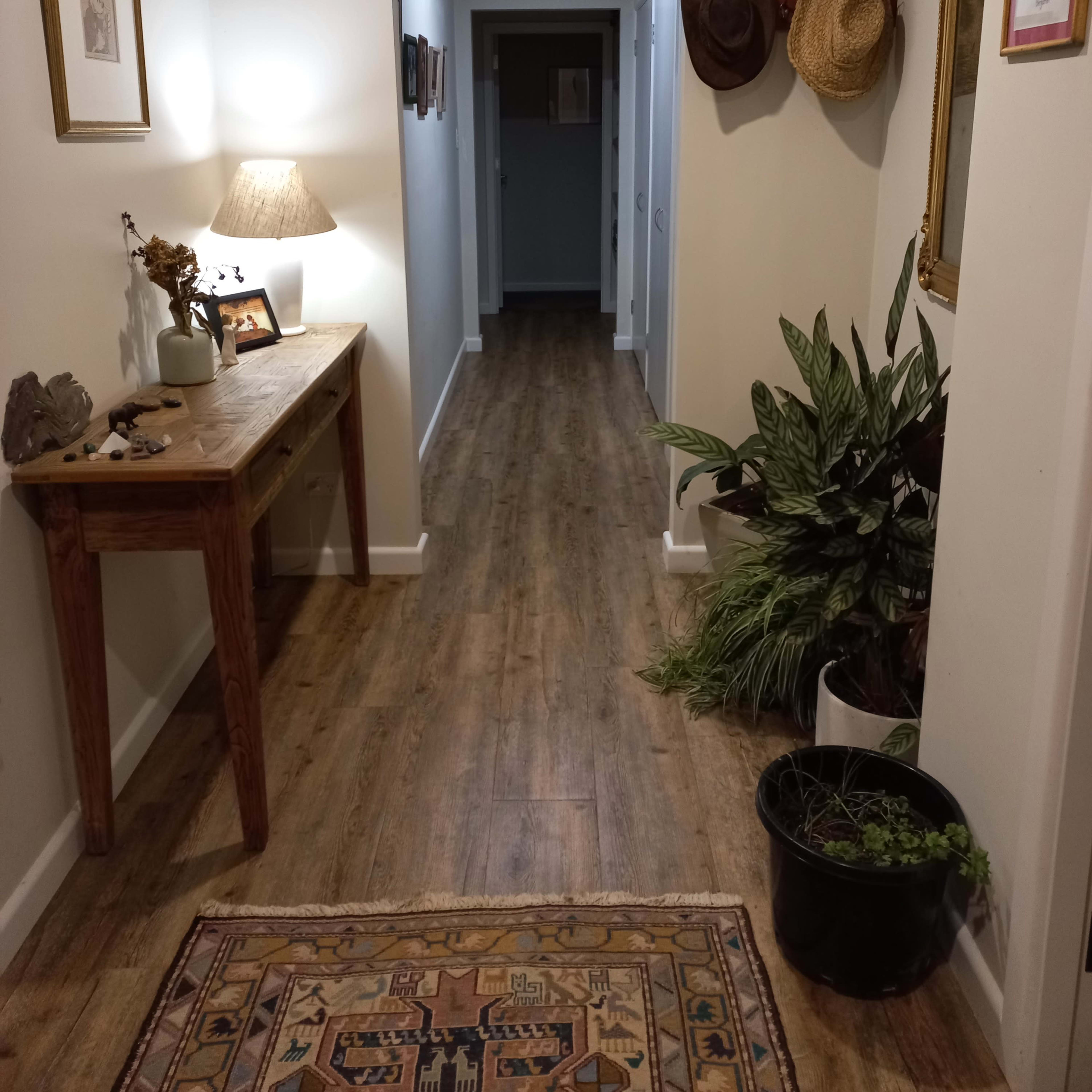 A well-lit hallway features a wooden table with a lamp, framed artwork on the walls, and potted plants along the floor.