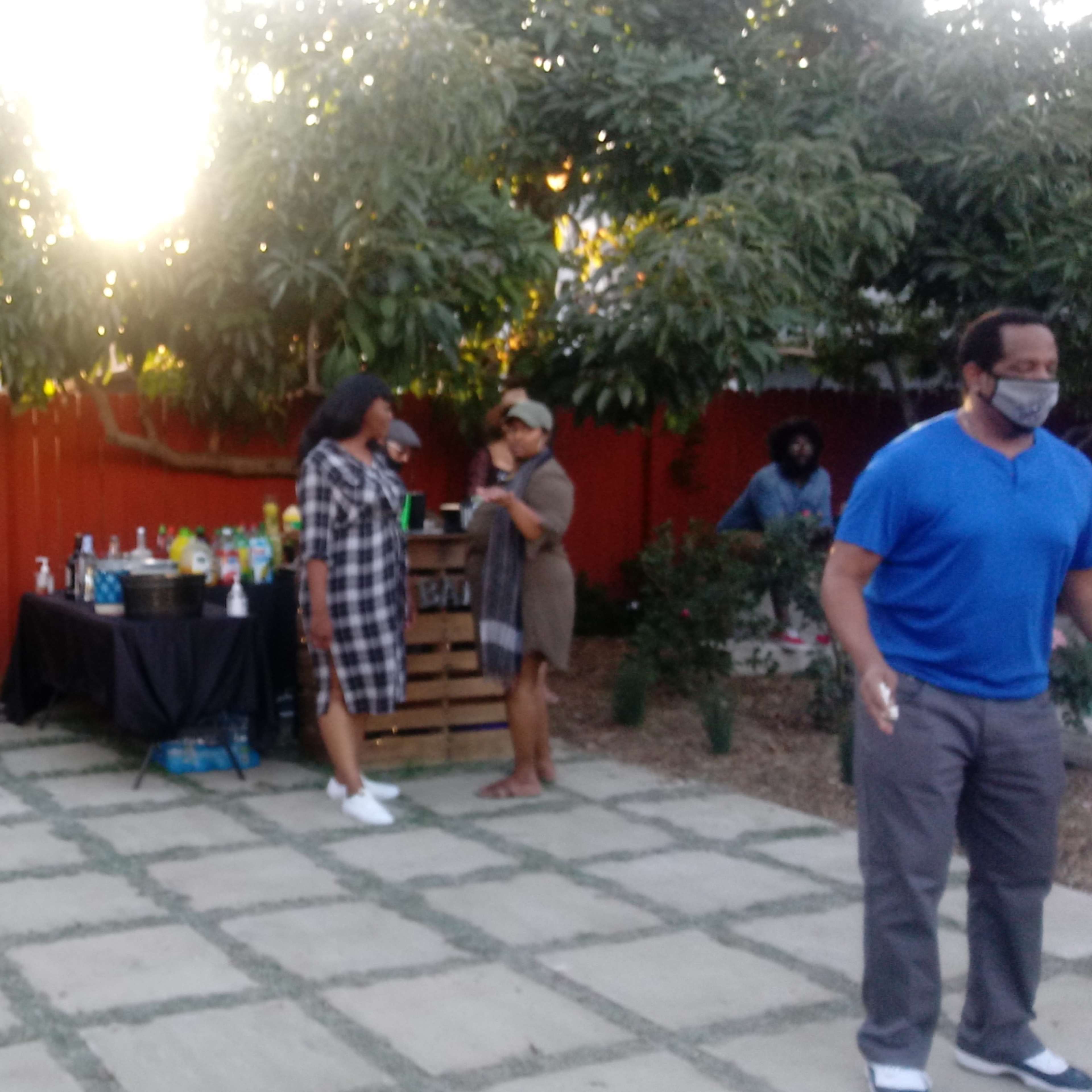 A backyard gathering features a DJ near a table of drinks, while guests chat and socialize.