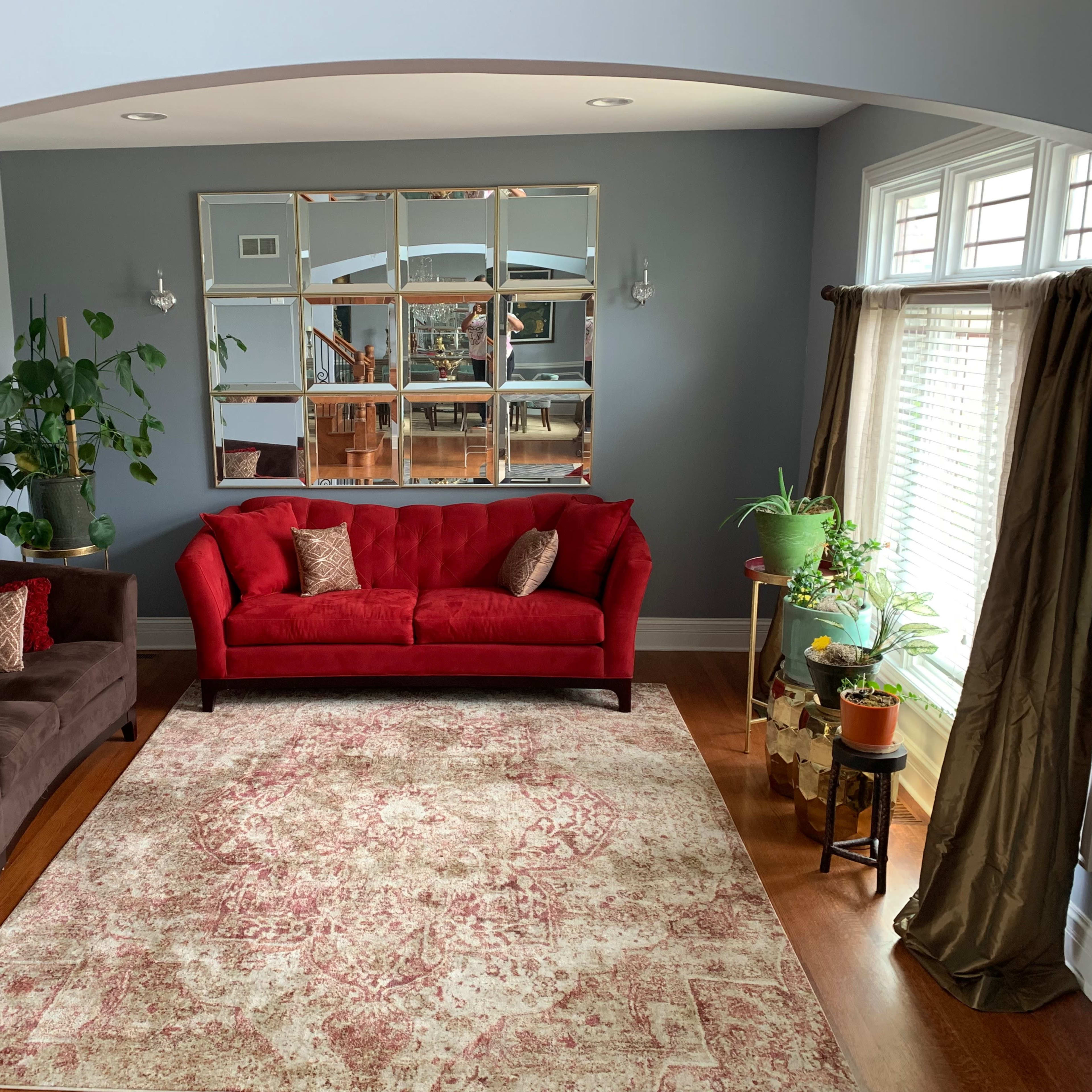 The living room features a red couch and a brown loveseat centered on a patterned area rug, surrounded by plants and framed mirrors against a blue wall.