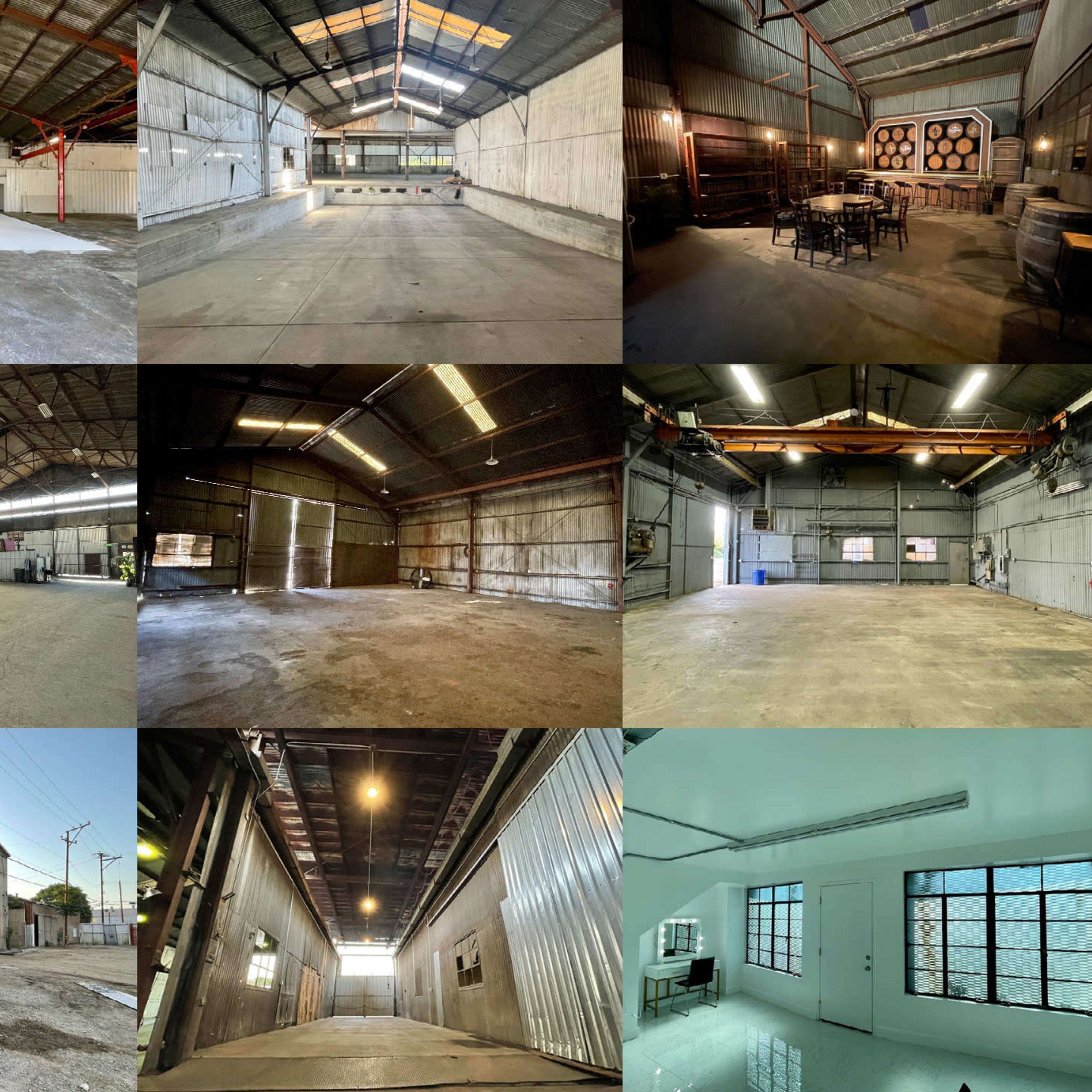 A collage of various industrial interior spaces, showcasing different lighting conditions and layouts in large warehouse-like structures.