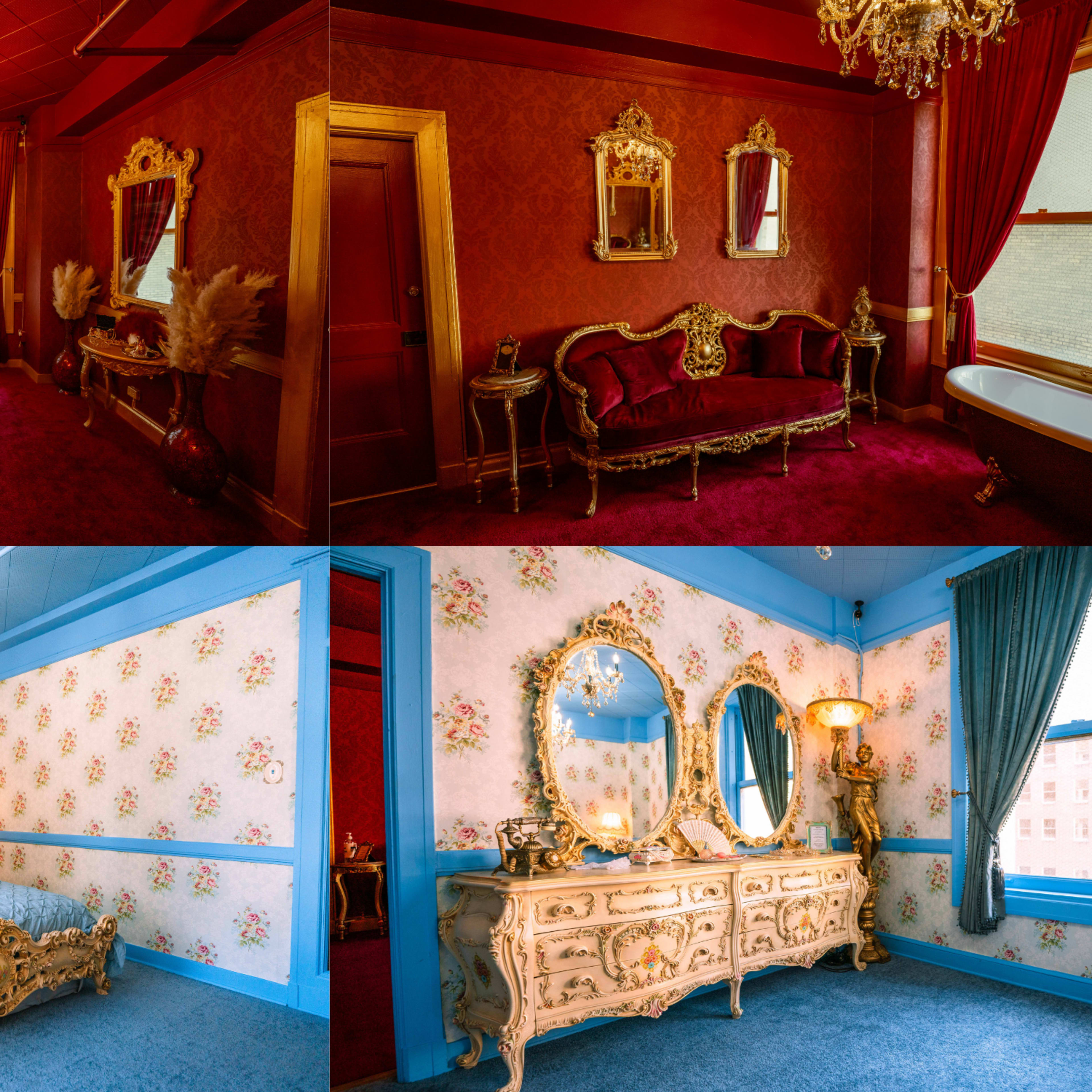 A vibrant interior with two rooms featuring ornate furnishings, luxurious decor, and contrasting color schemes of red and blue.