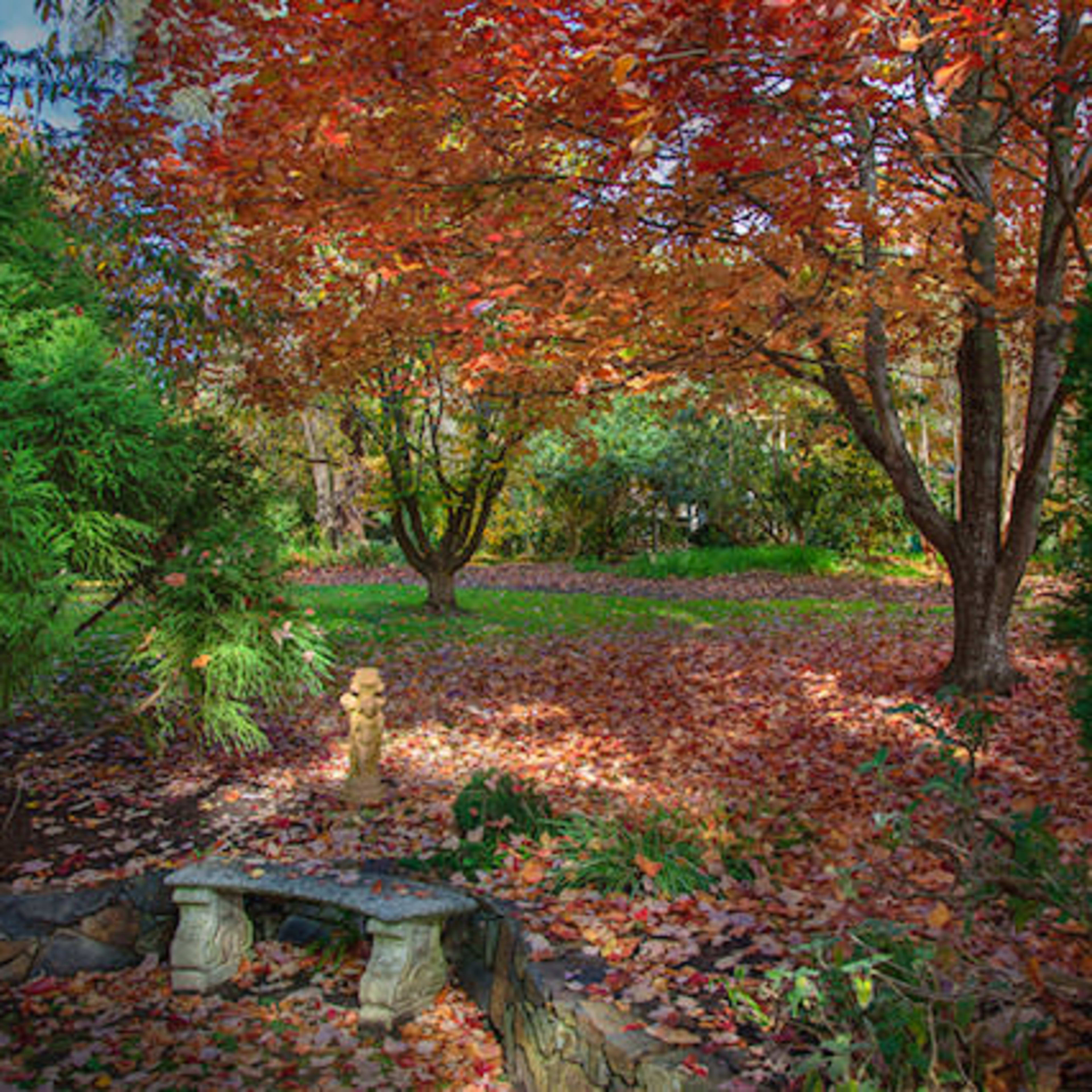 The scene features a garden with vibrant autumn leaves carpeting the ground beneath trees.