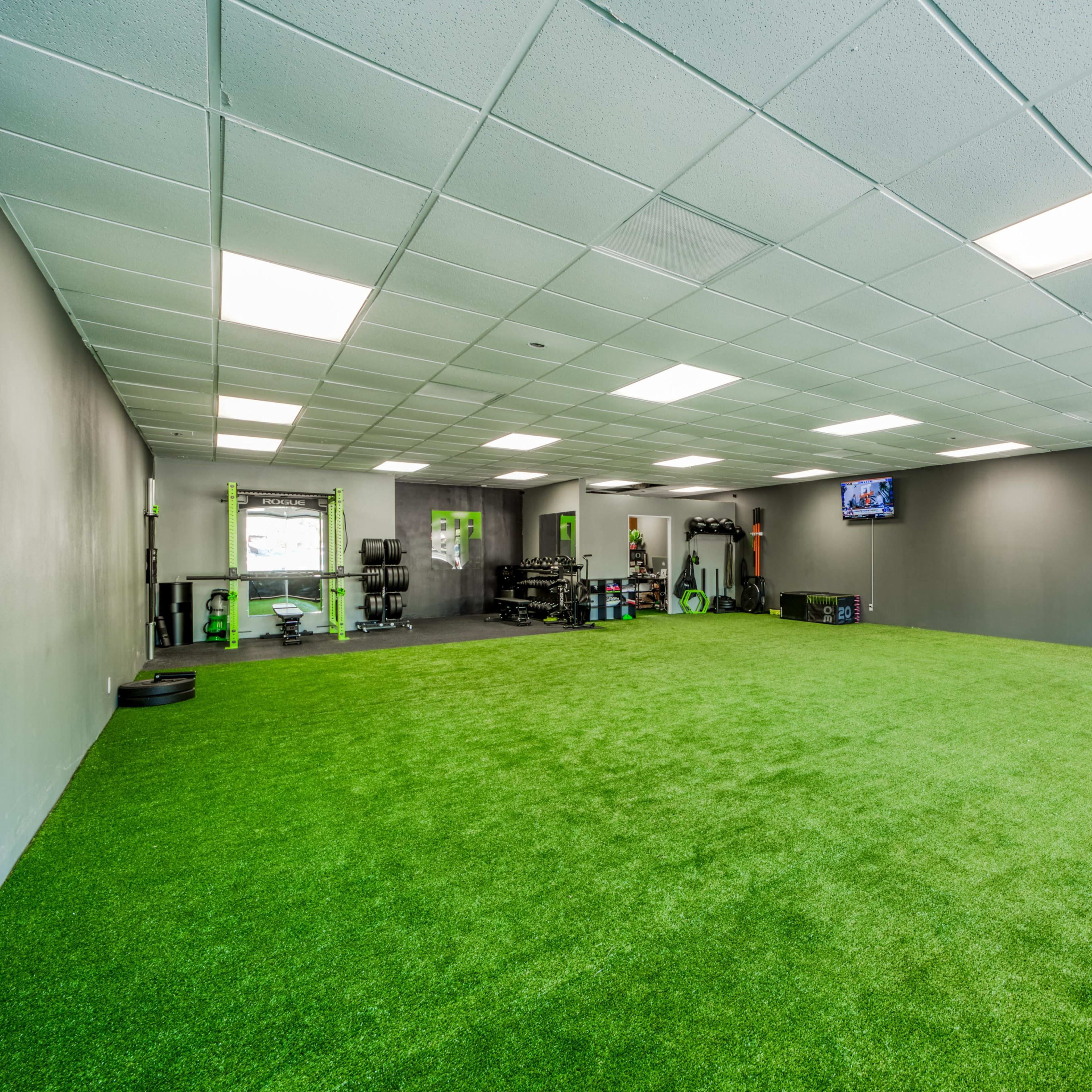 A spacious gym with artificial turf flooring, equipped with various exercise equipment and large windows.