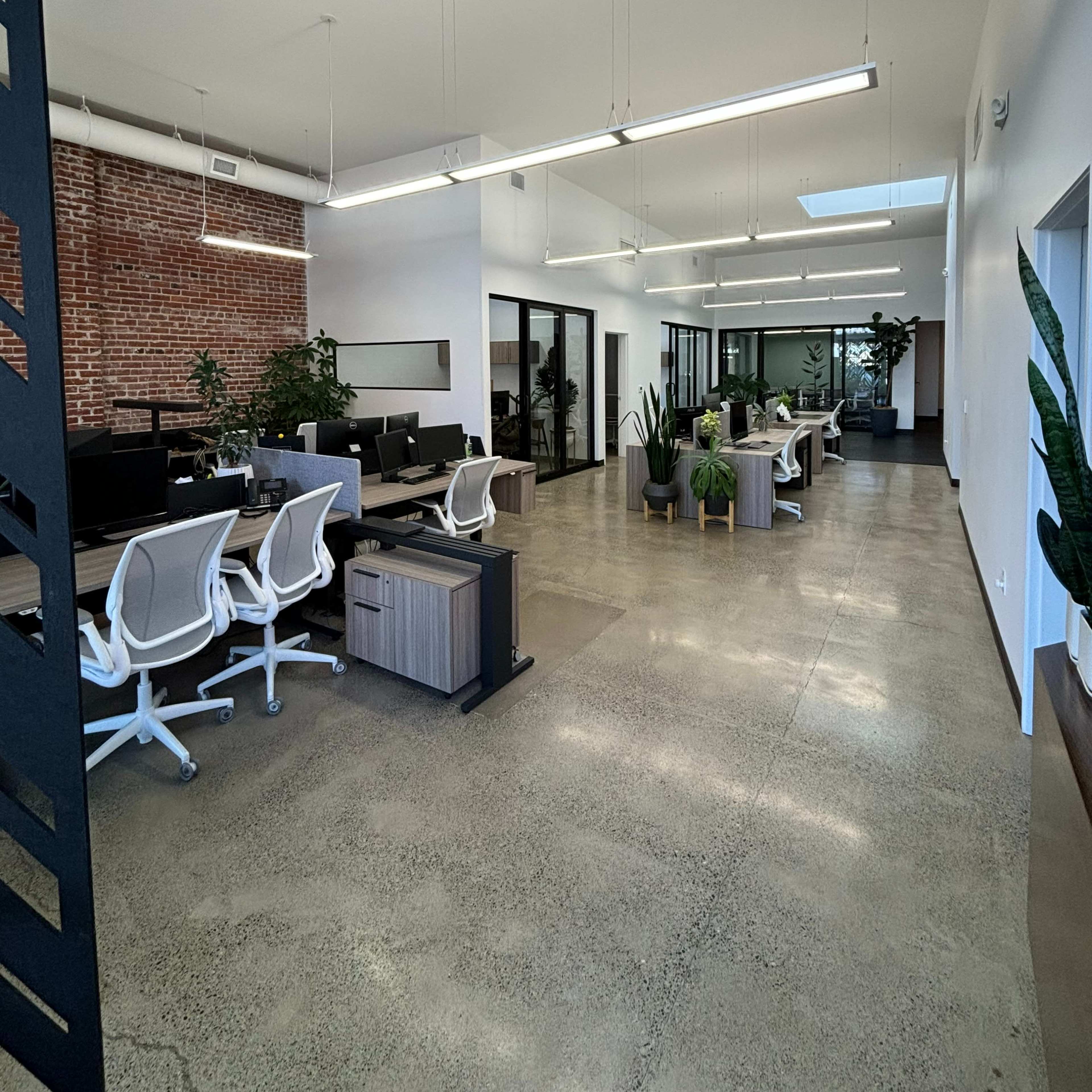 A modern office space with multiple workstations, concrete flooring, exposed brick walls, and indoor plants.
