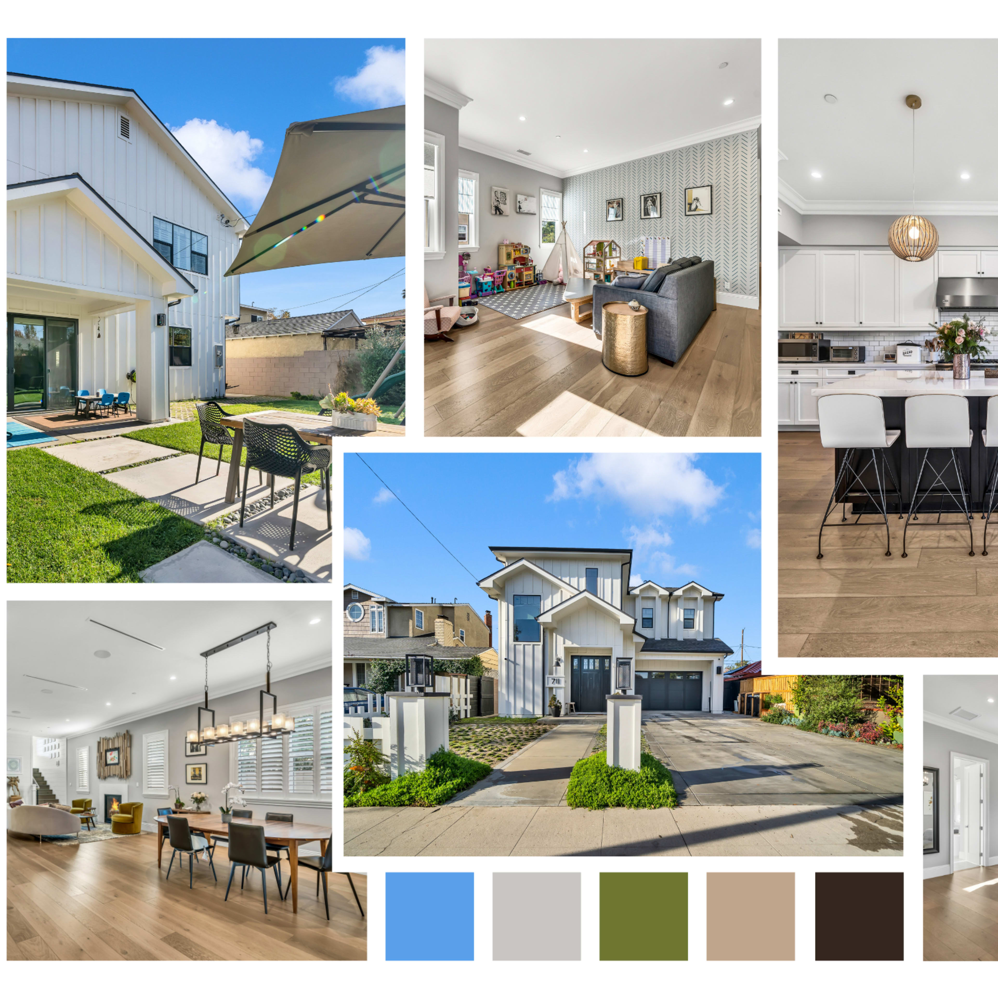 Various interior and exterior designs of modern homes, featuring a combination of living spaces, kitchens, and outdoor areas.