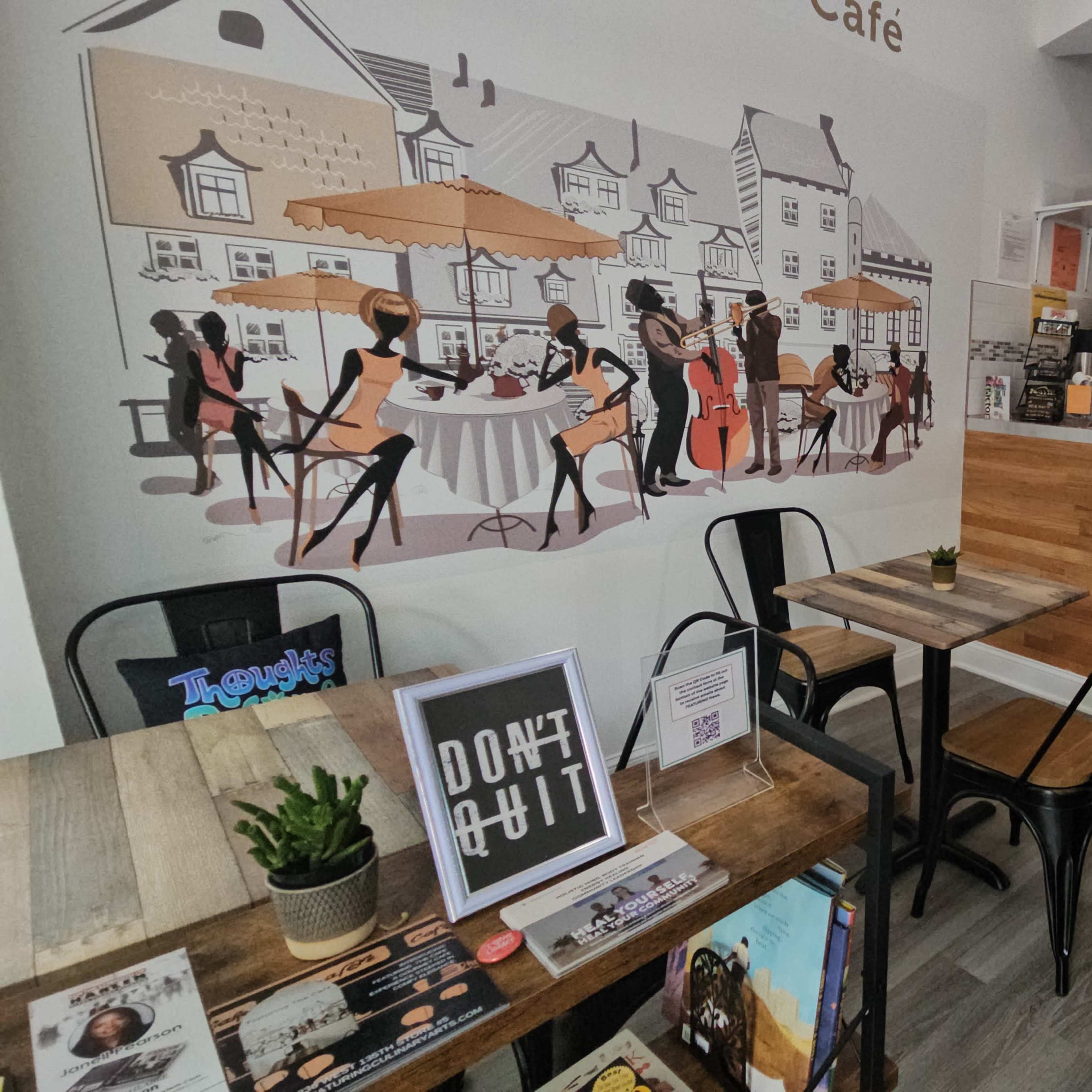 Harlem business and residential street, next to a NYPD Precinct, warm and cozy decor, inspiring manifestation of dreams. Image in Harlem, New York, NY