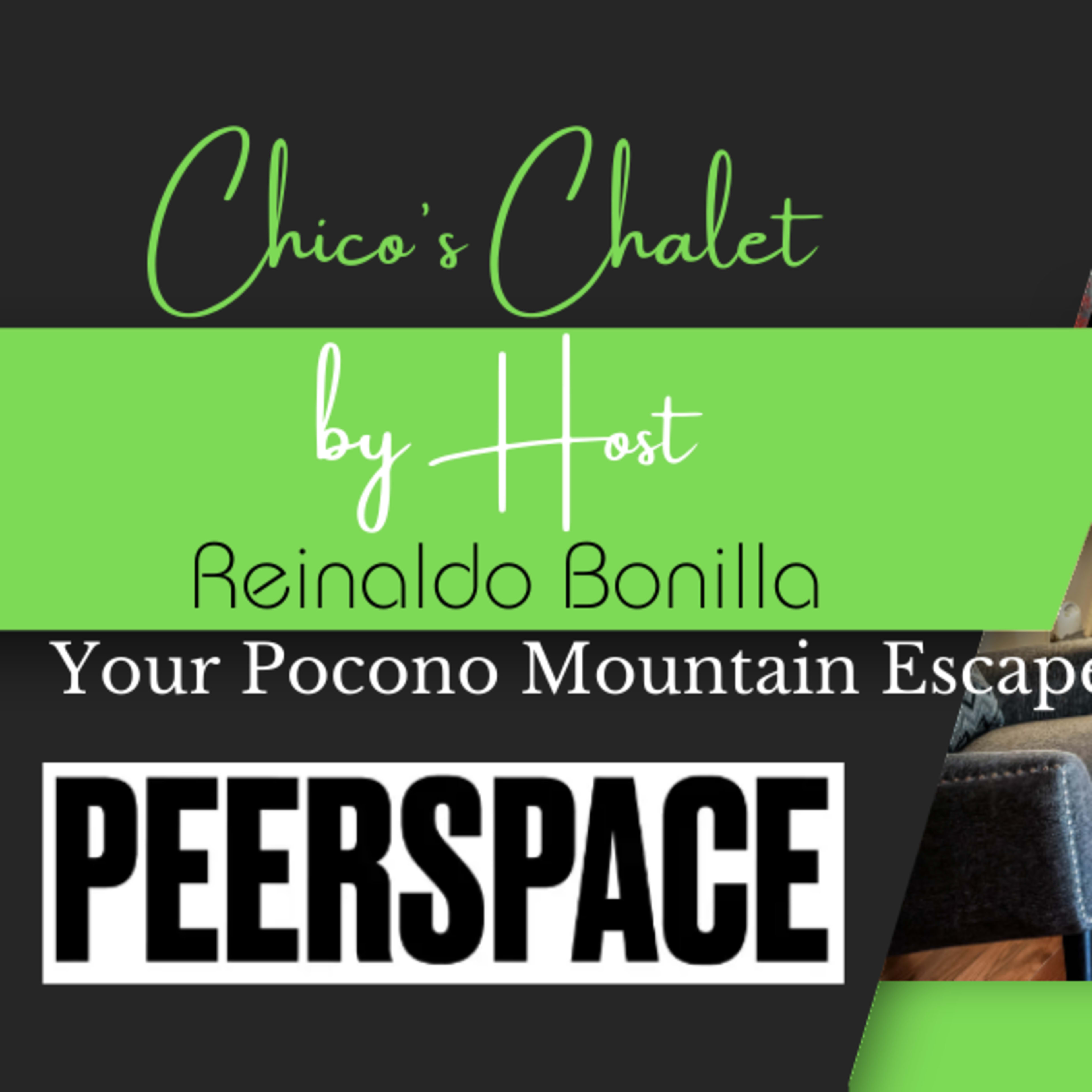 A vacation rental called "Chico's Chalet," featuring a cozy living area with a fireplace and modern furnishings in a mountain setting.