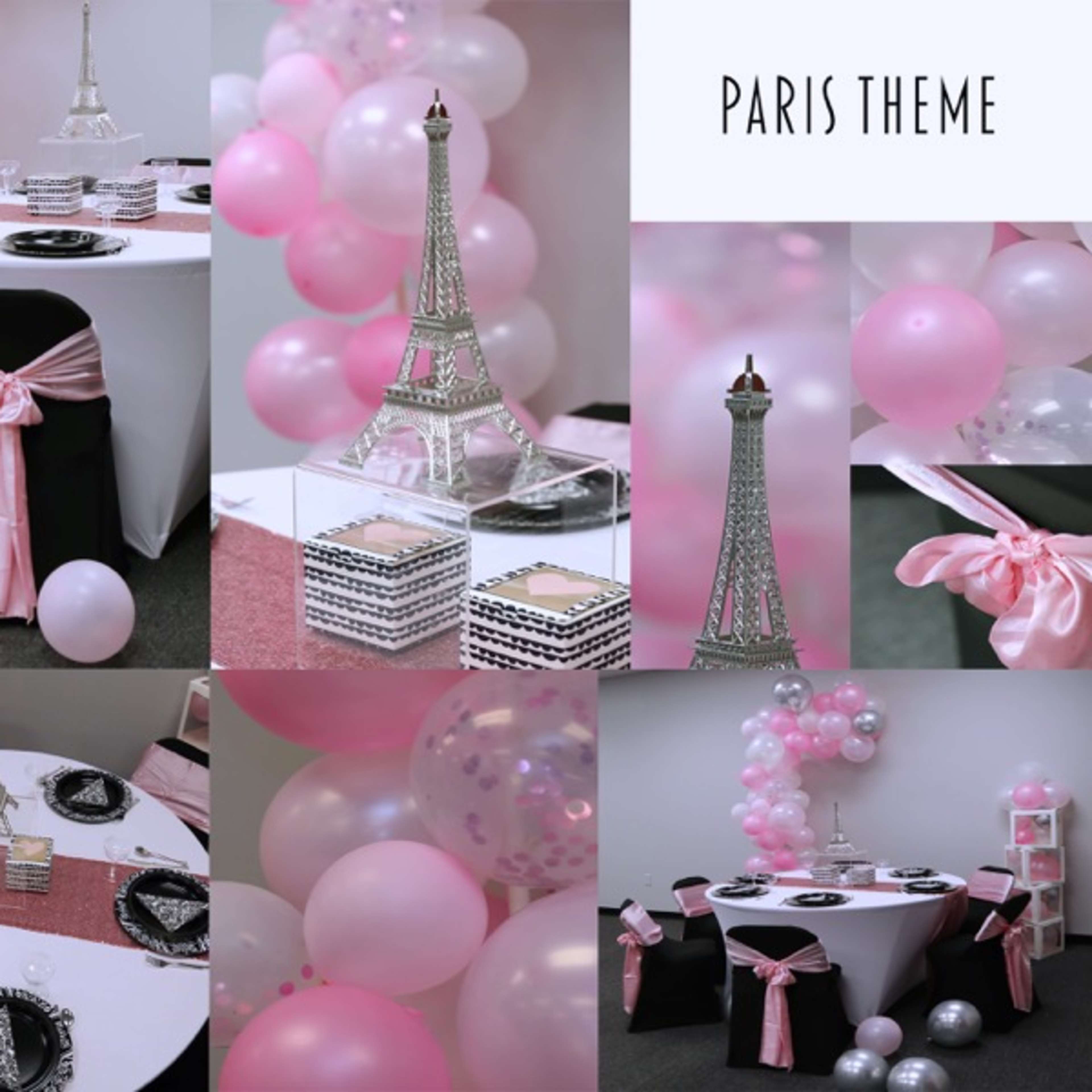 A Paris-themed event setup with black and pink decorations, including a table adorned with an Eiffel Tower centerpiece, elegant tableware, and balloons.