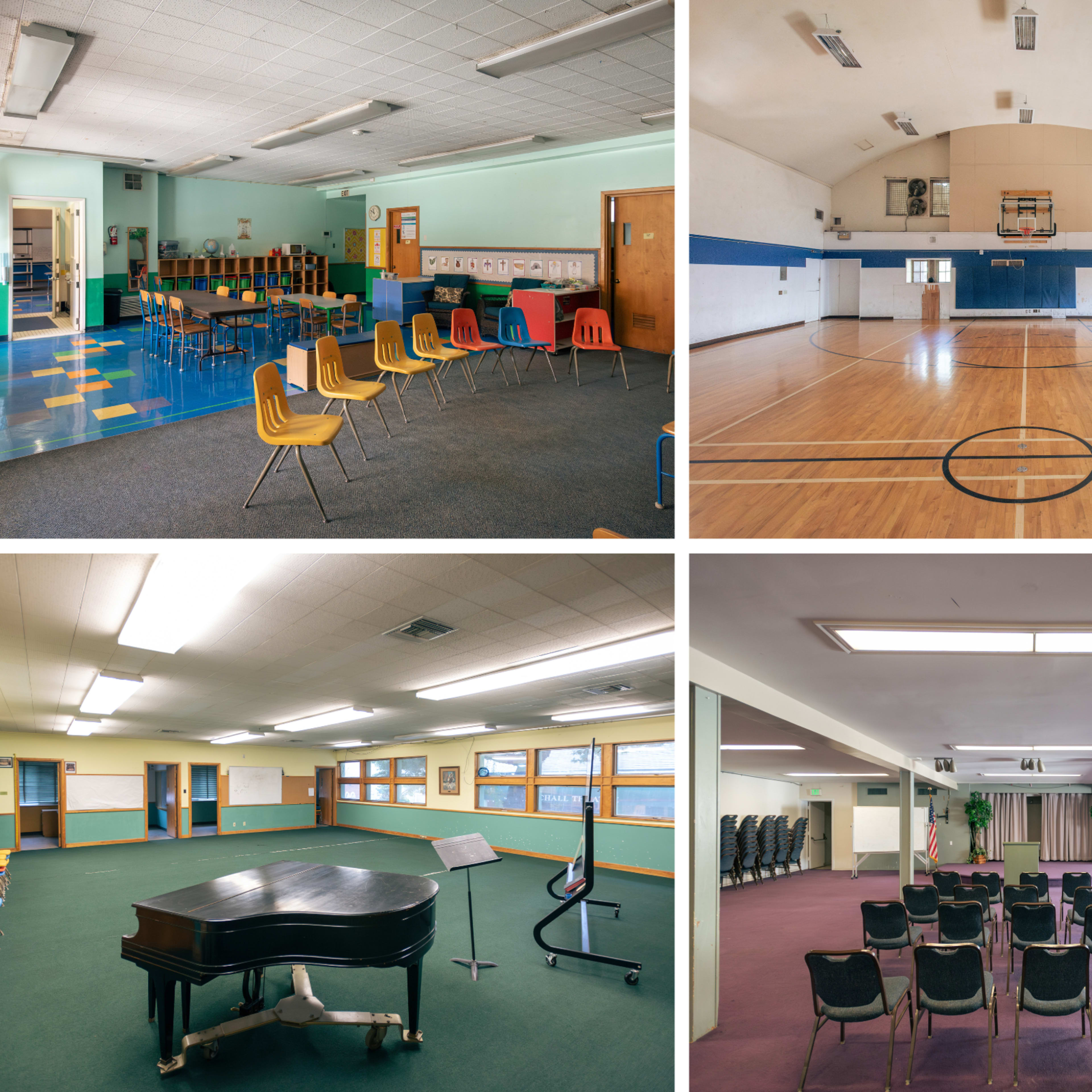 Four sections of a school facility, including a classroom with chairs, a gymnasium with basketball equipment, a room with a piano and music stand, and an assembly area with seats arranged for an audience.