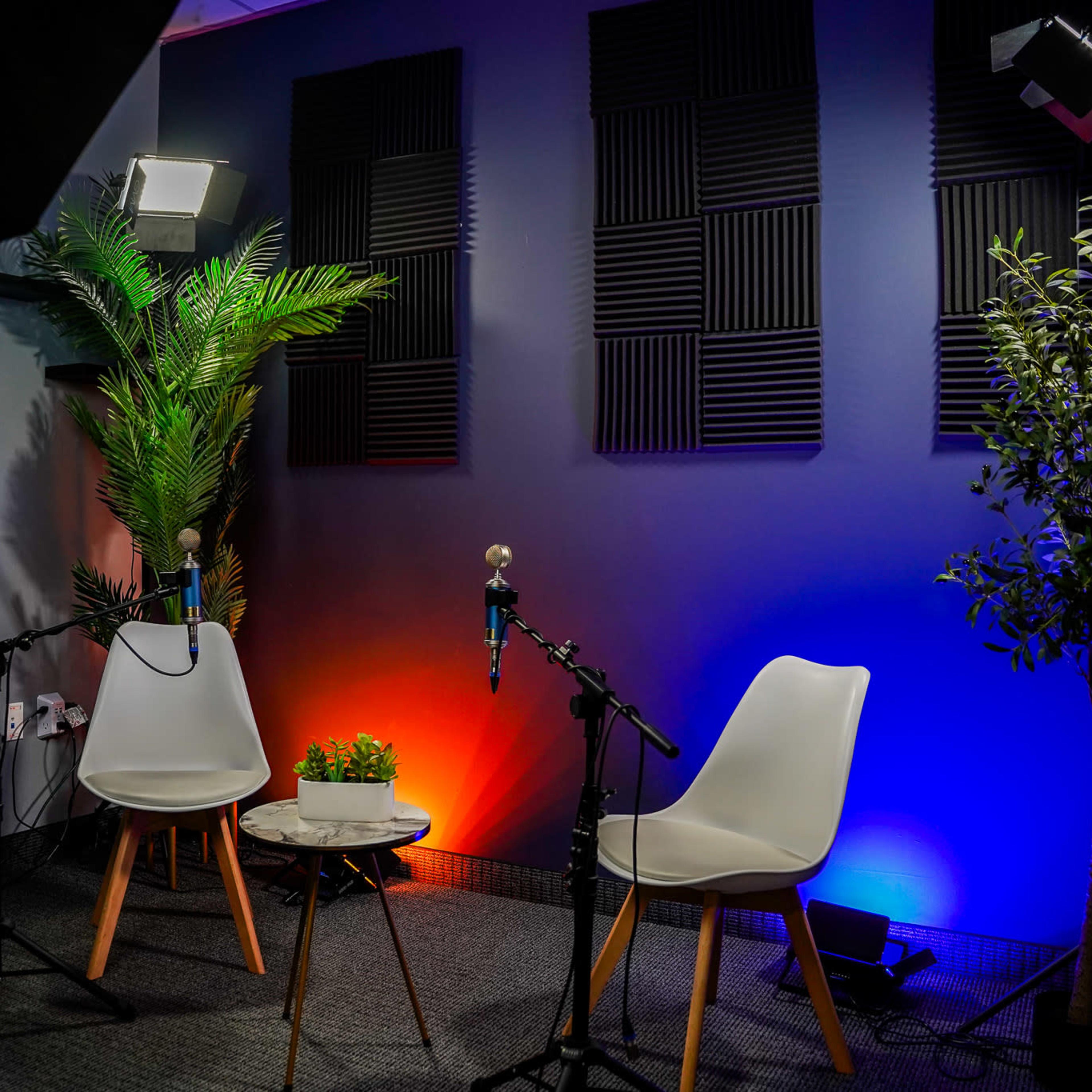 A podcast or interview setup with two white chairs, a small round table, and lighting against a backdrop of padded walls, plants, and microphones.