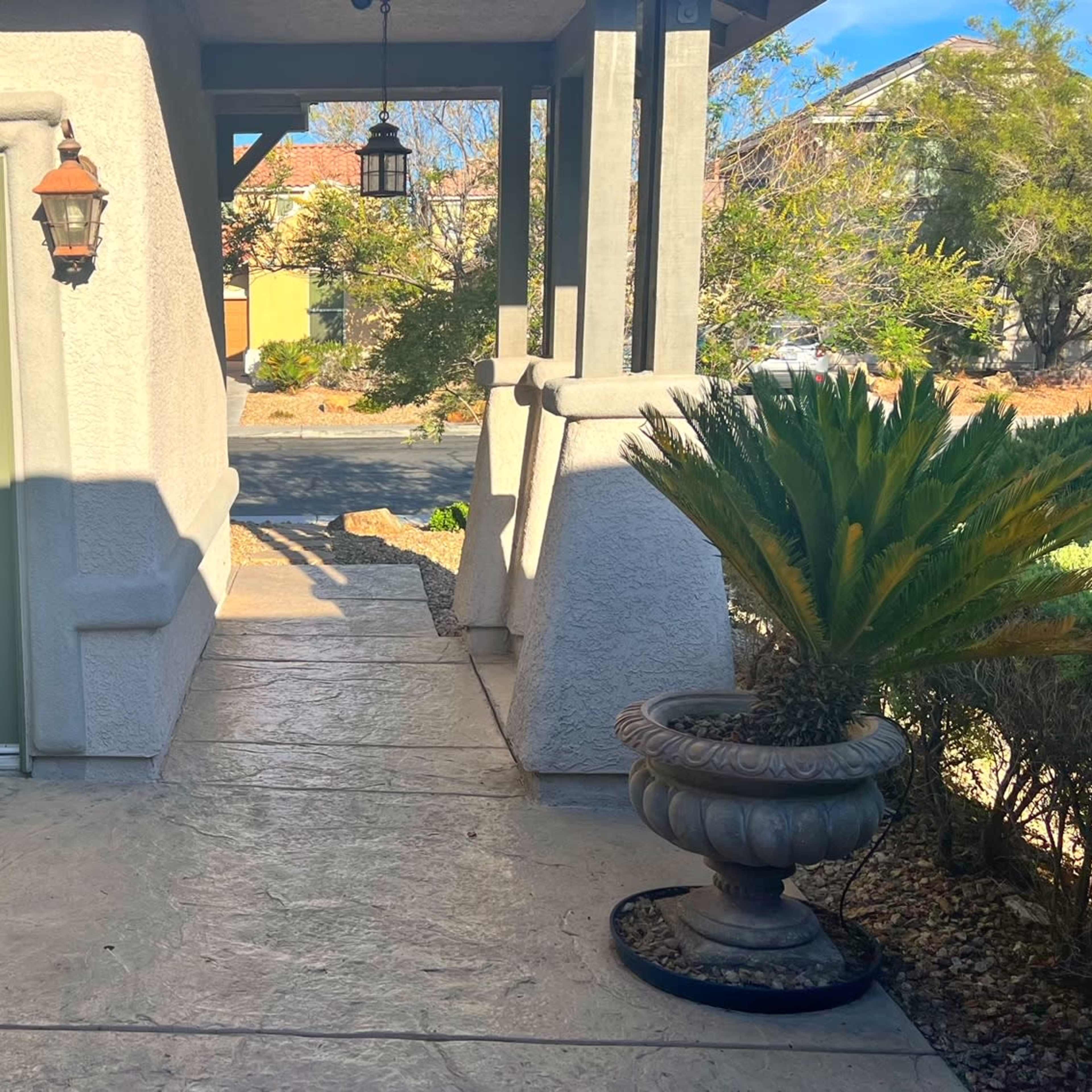 A walkway leading to a green door with a small lantern, surrounded by potted plants and a clear blue sky.
