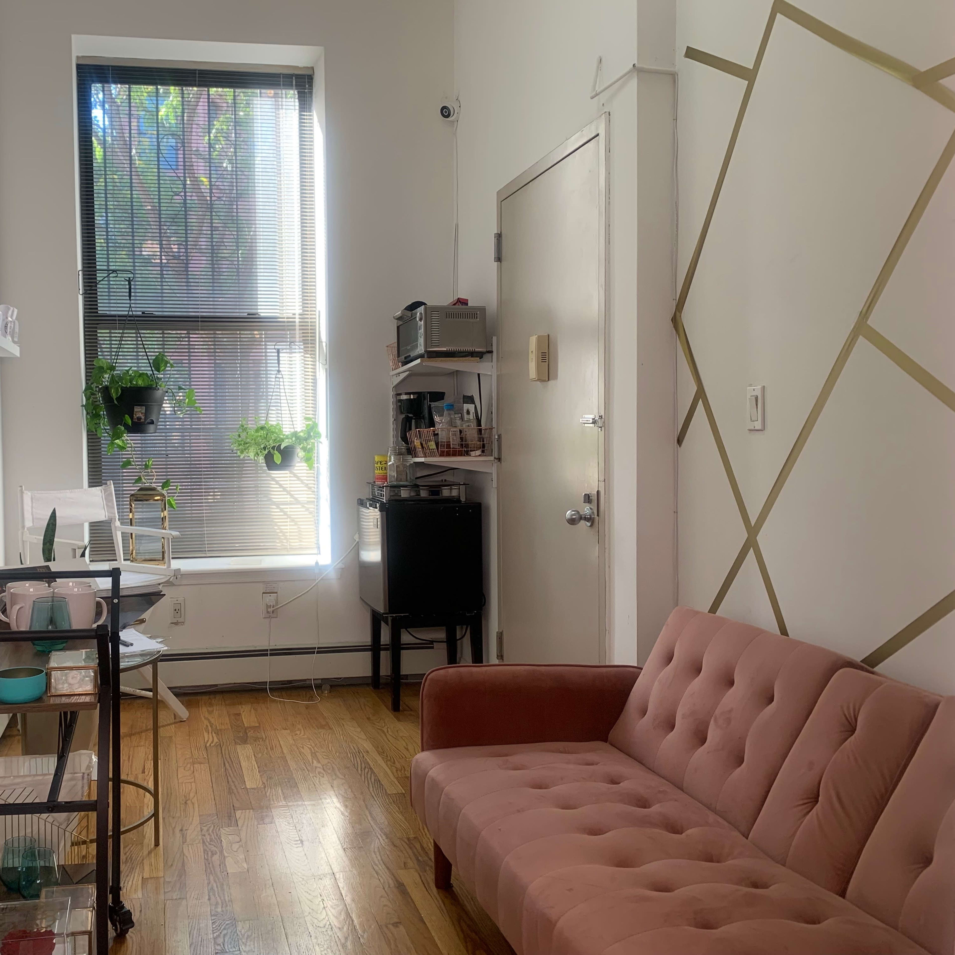 A small room with a pink couch, a wall-mounted TV, a window with plants, and a shelving unit with various items.