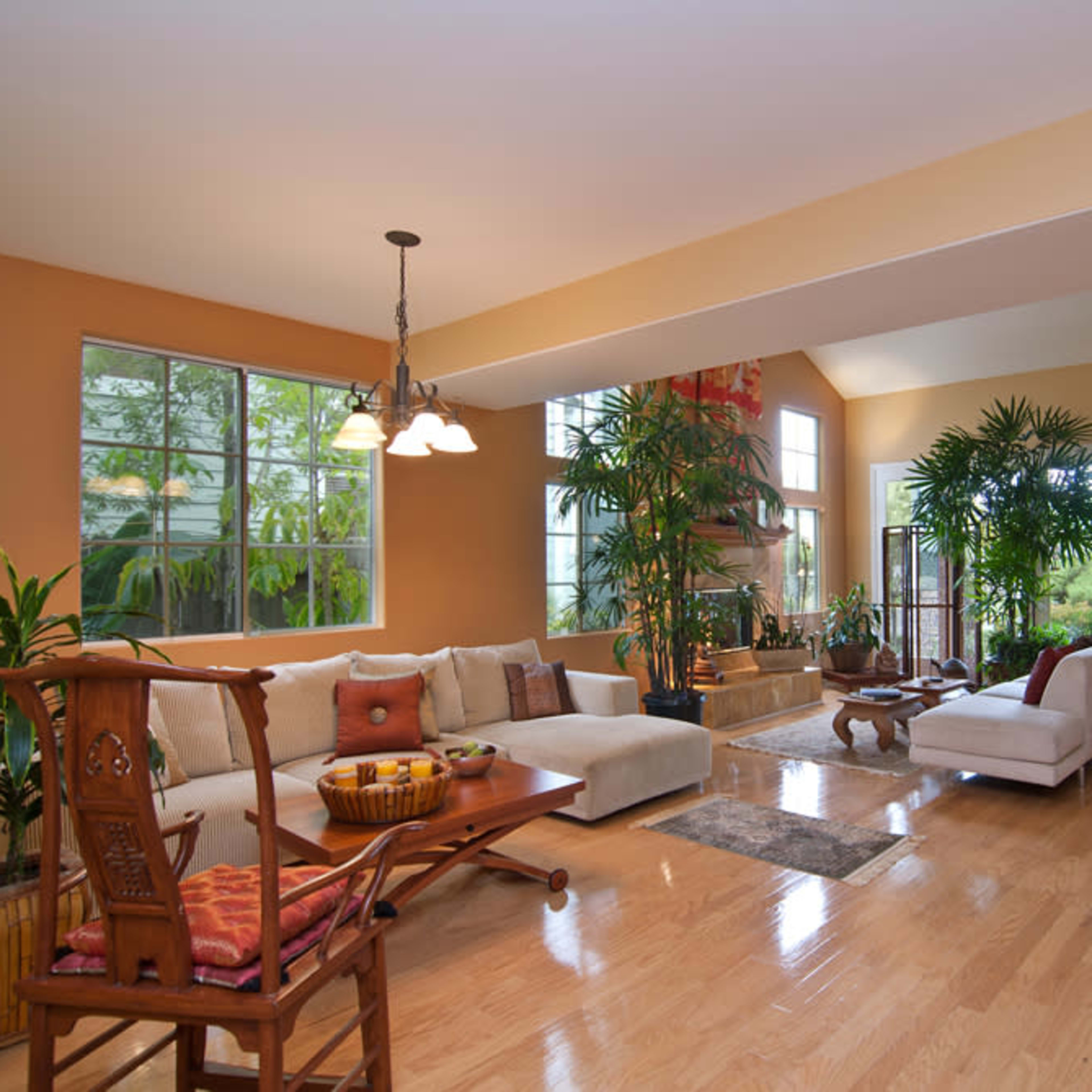 A spacious living room furnished with a white sofa, beige seating, and a variety of indoor plants.