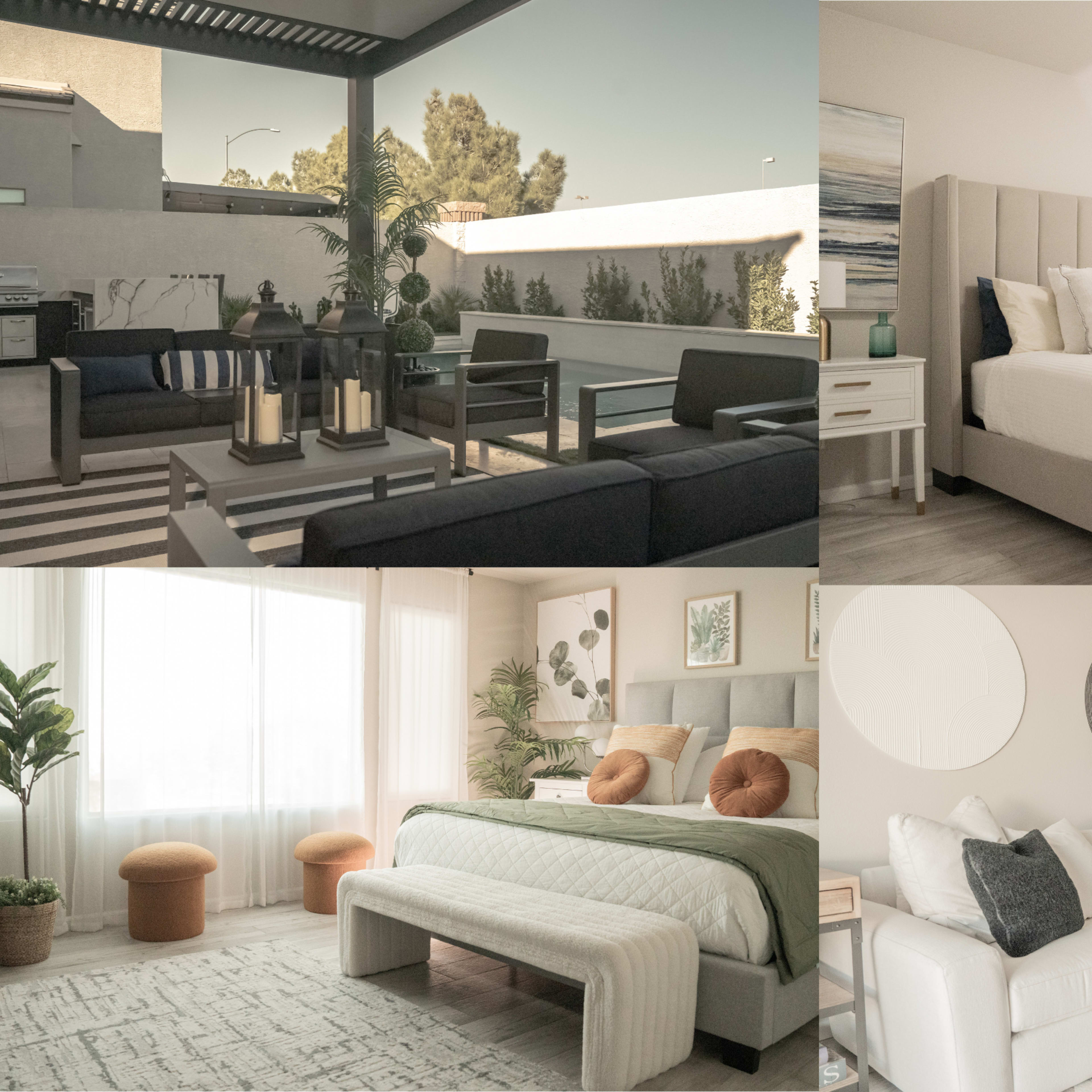 Four distinct interior scenes, including a modern outdoor lounge area, a stylish bedroom with a plush bed, a bright room with large windows and plants, and a cozy living room with a white sectional sofa.