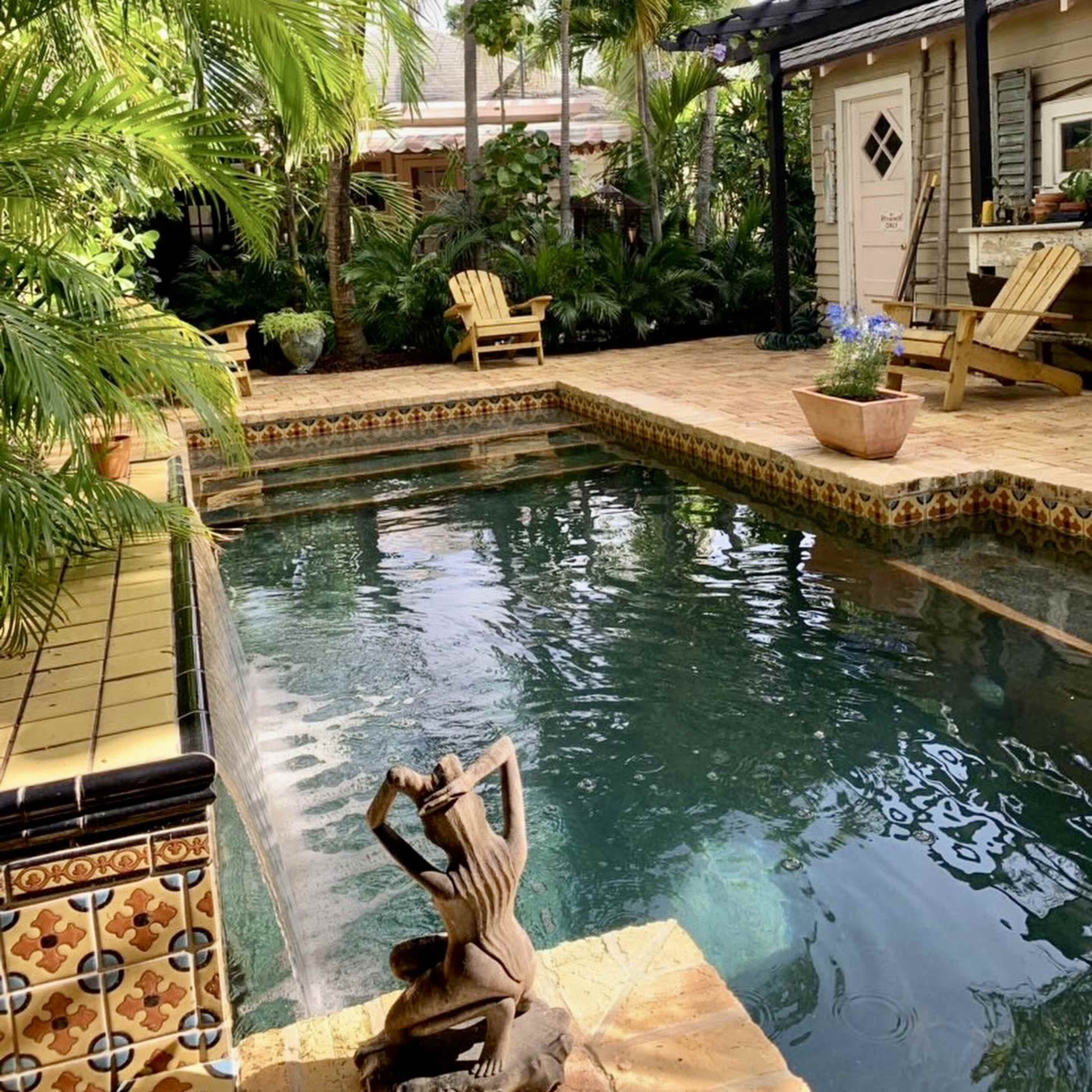 A serene outdoor pool area surrounded by lush tropical plants, featuring a tiled edge and a sculpture beside the water.