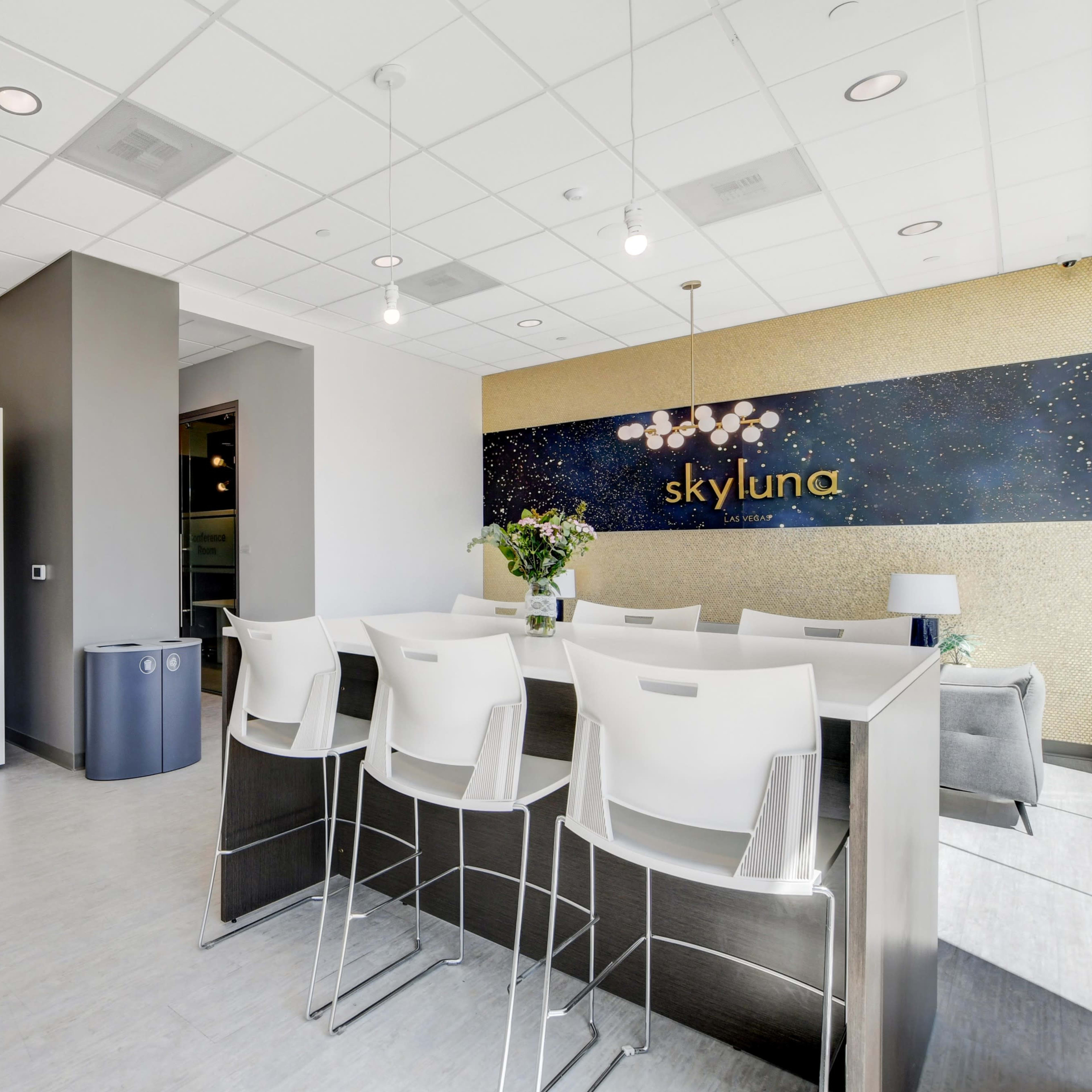 A modern office space with a reception area, featuring a large table, white chairs, a decorated wall with the name "skyluna," and glass partitions.