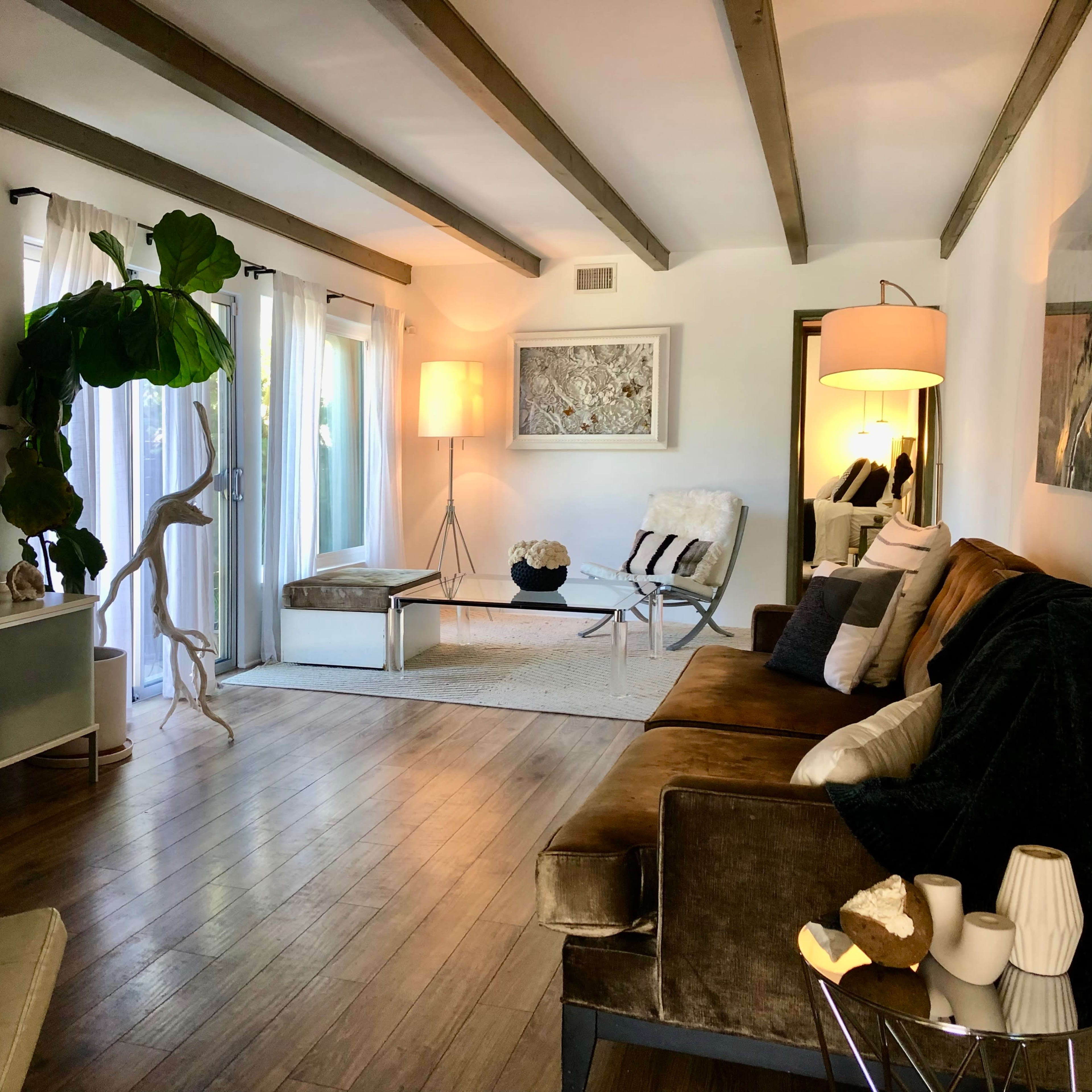 A modern living room features a brown sofa, a television on a white unit, and large windows with soft drapes, along with a decorative plant and floor lamp.