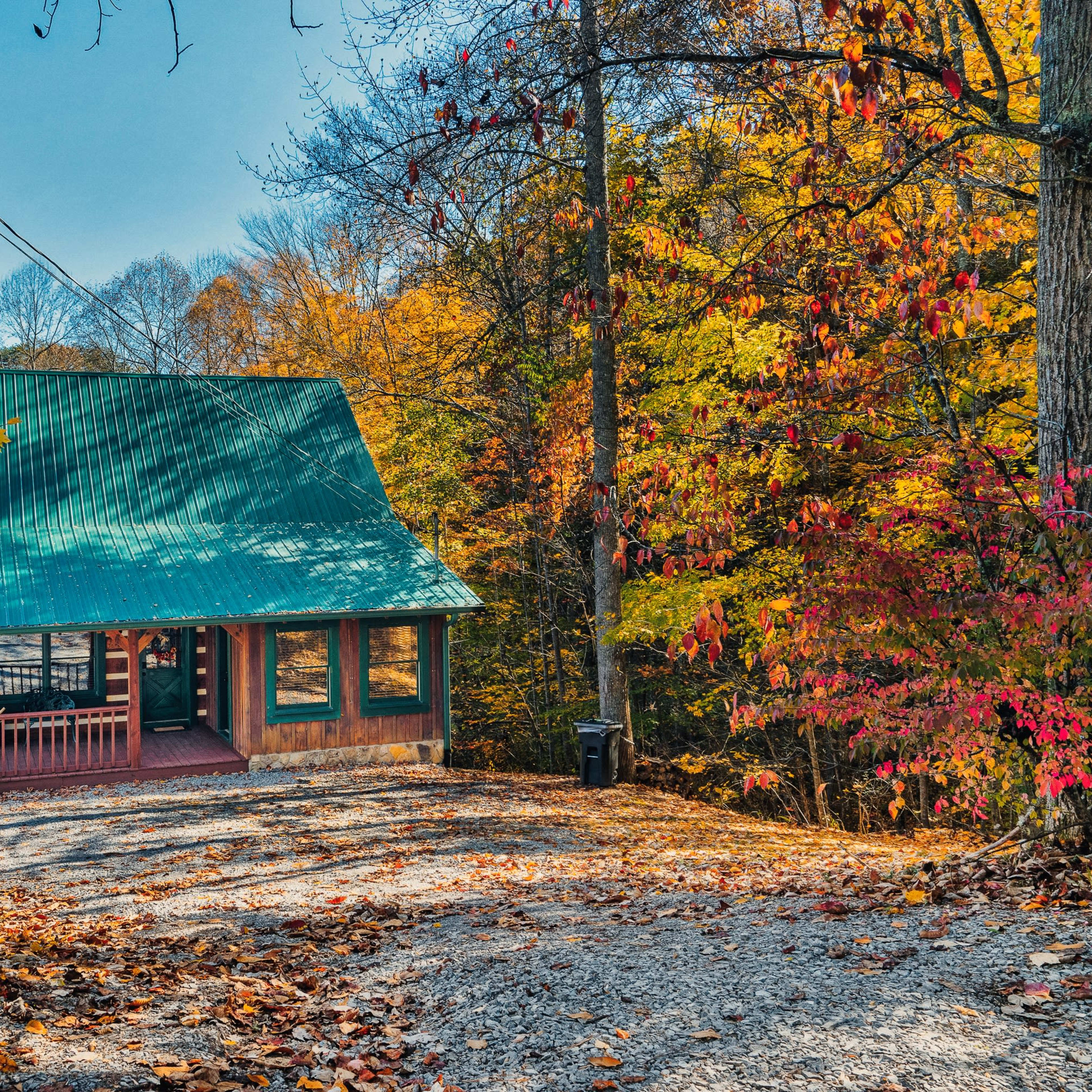A cabin with a green metal roof sits on a gravel driveway surrounded by trees showcasing fall foliage.