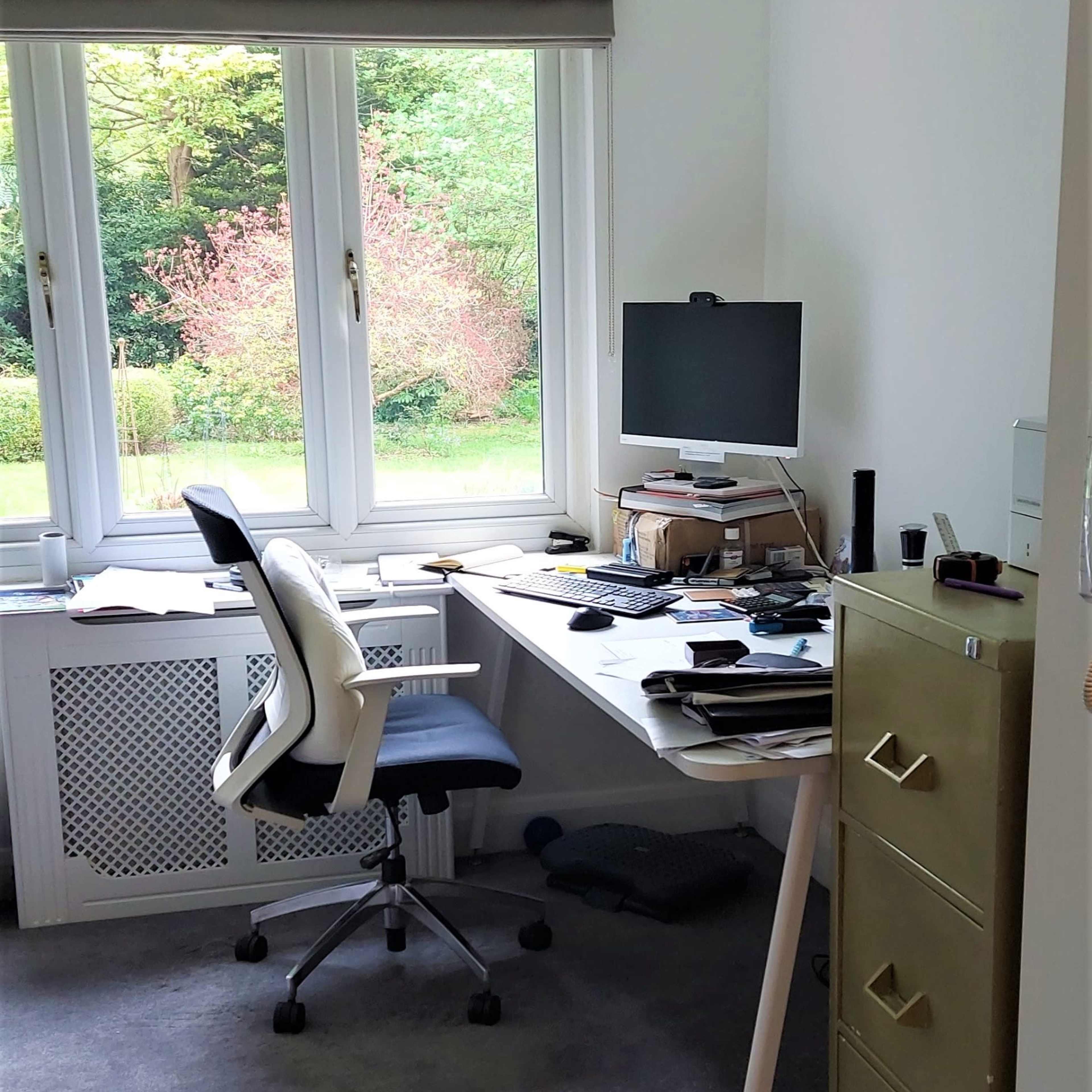 A home office with a desk, ergonomic chair, monitor, and a filing cabinet, situated beside large windows overlooking a garden.