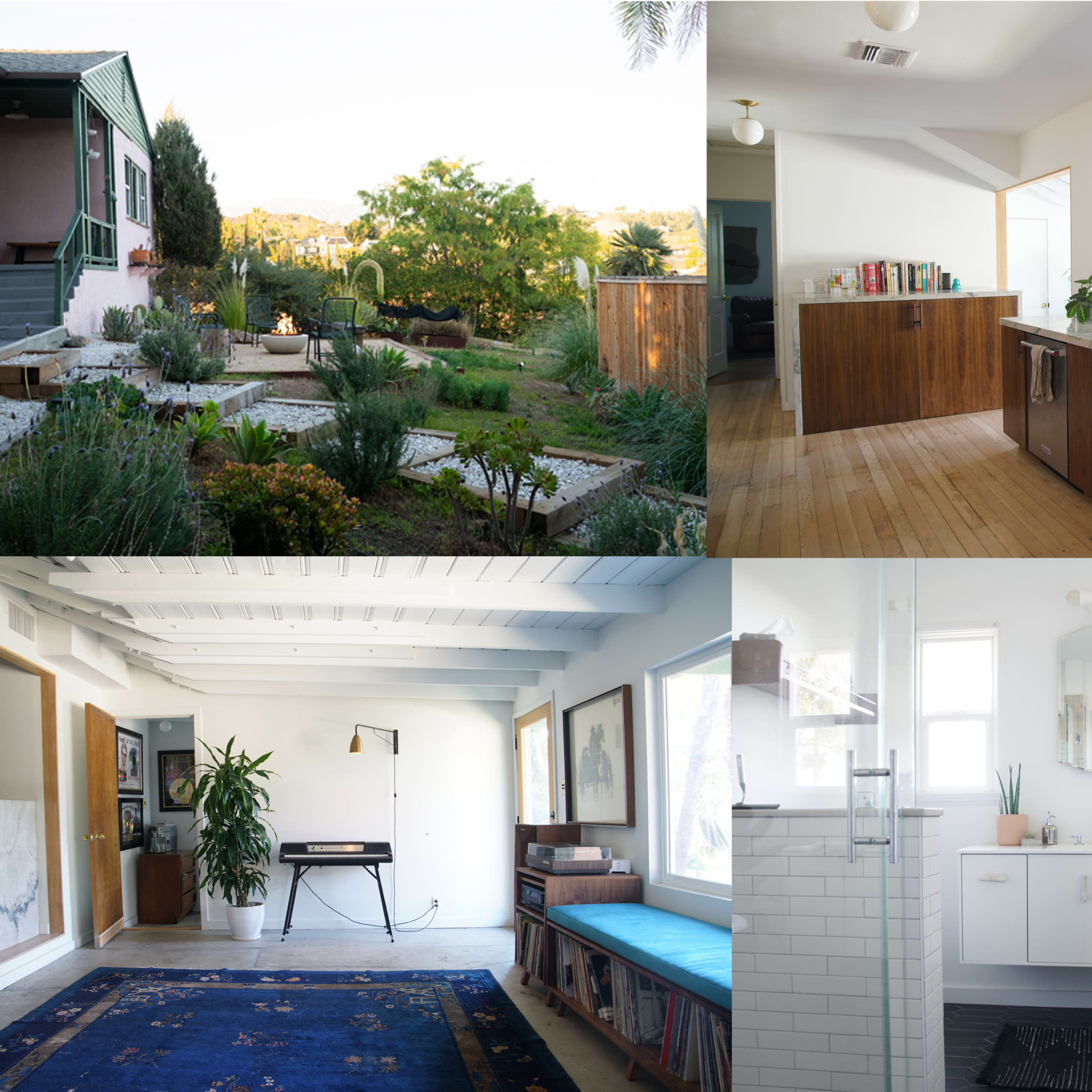 A collage of four spaces: a garden view with greenery, a modern kitchen with wooden cabinets, a bright interior room with a piano, and a clean bathroom with a double vanity.