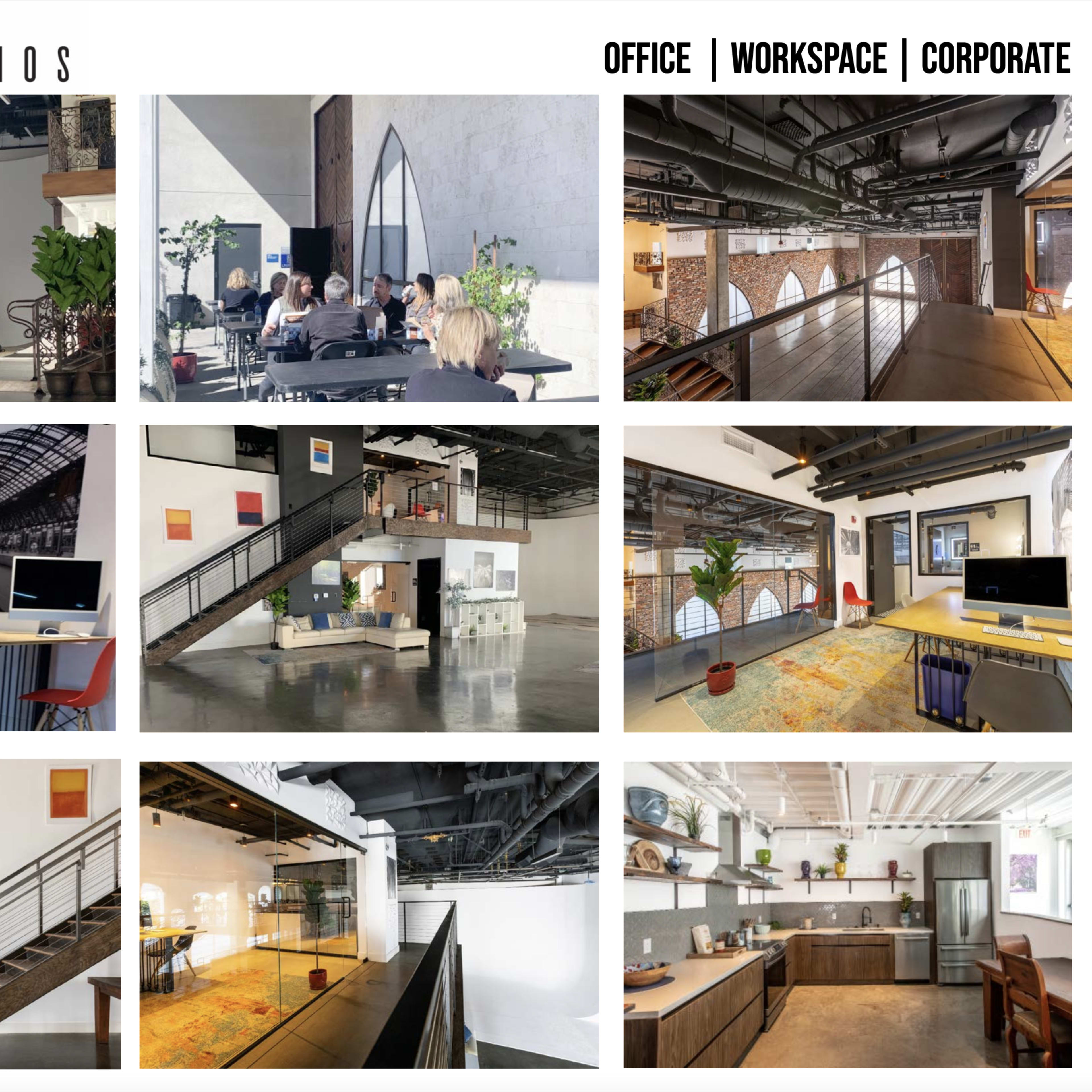 A modern workspace called Solar Studios, featuring various office areas, meeting spaces, and communal zones with contemporary decor and architectural elements.