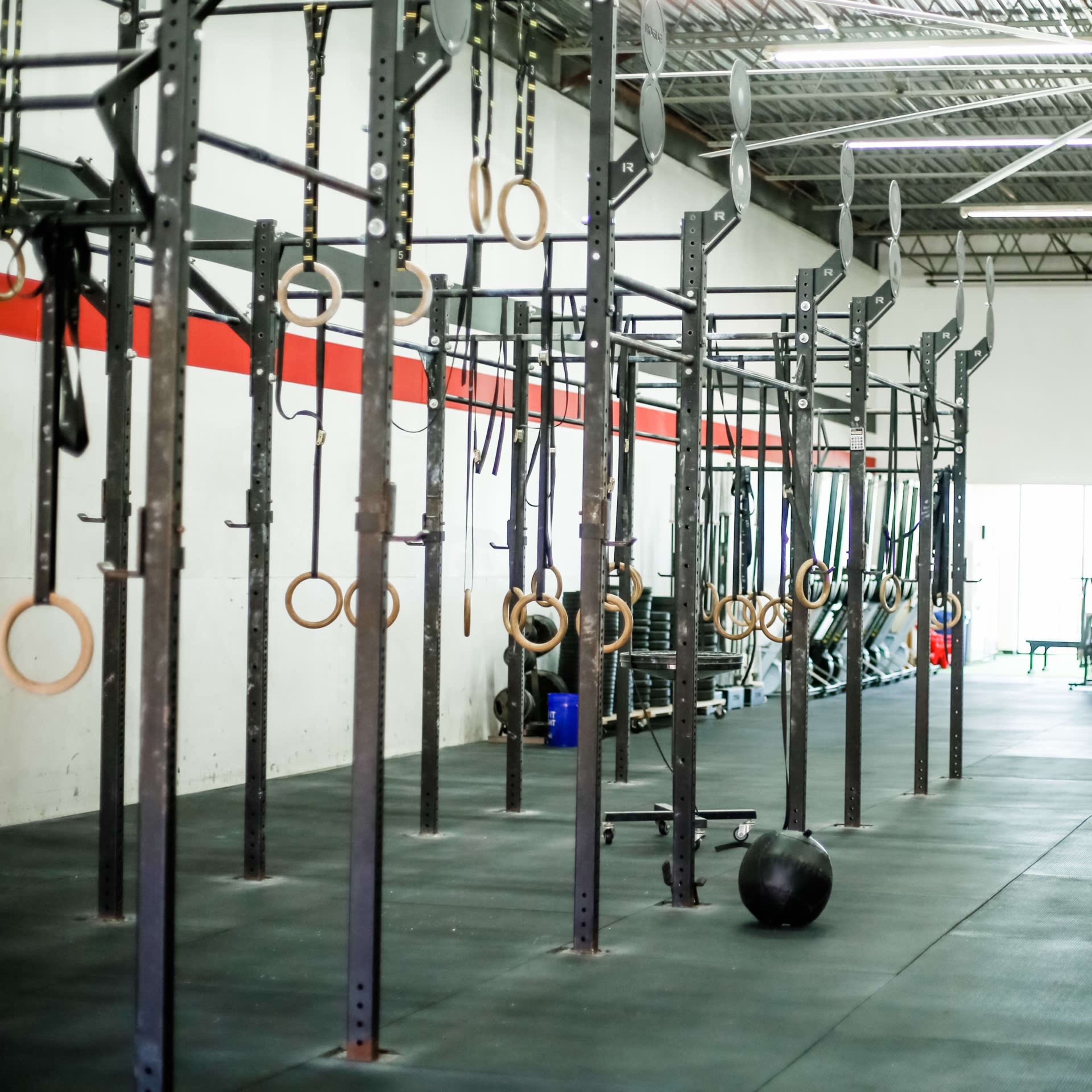 A spacious gym with rows of pull-up bars and gymnastic rings against a white wall, and a large rubber mat area.