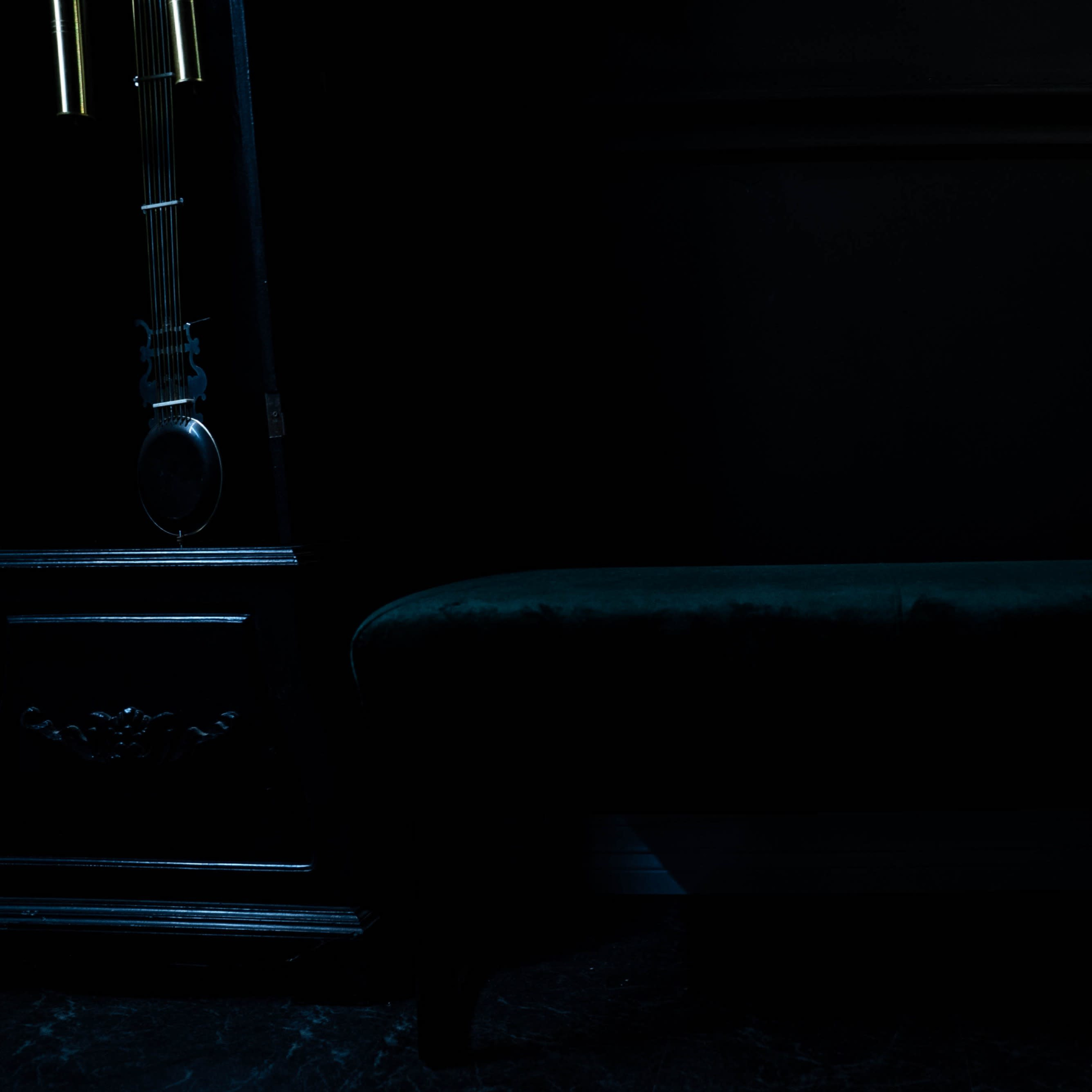 A dark room features a solitary velvet bench against a shadowy background.