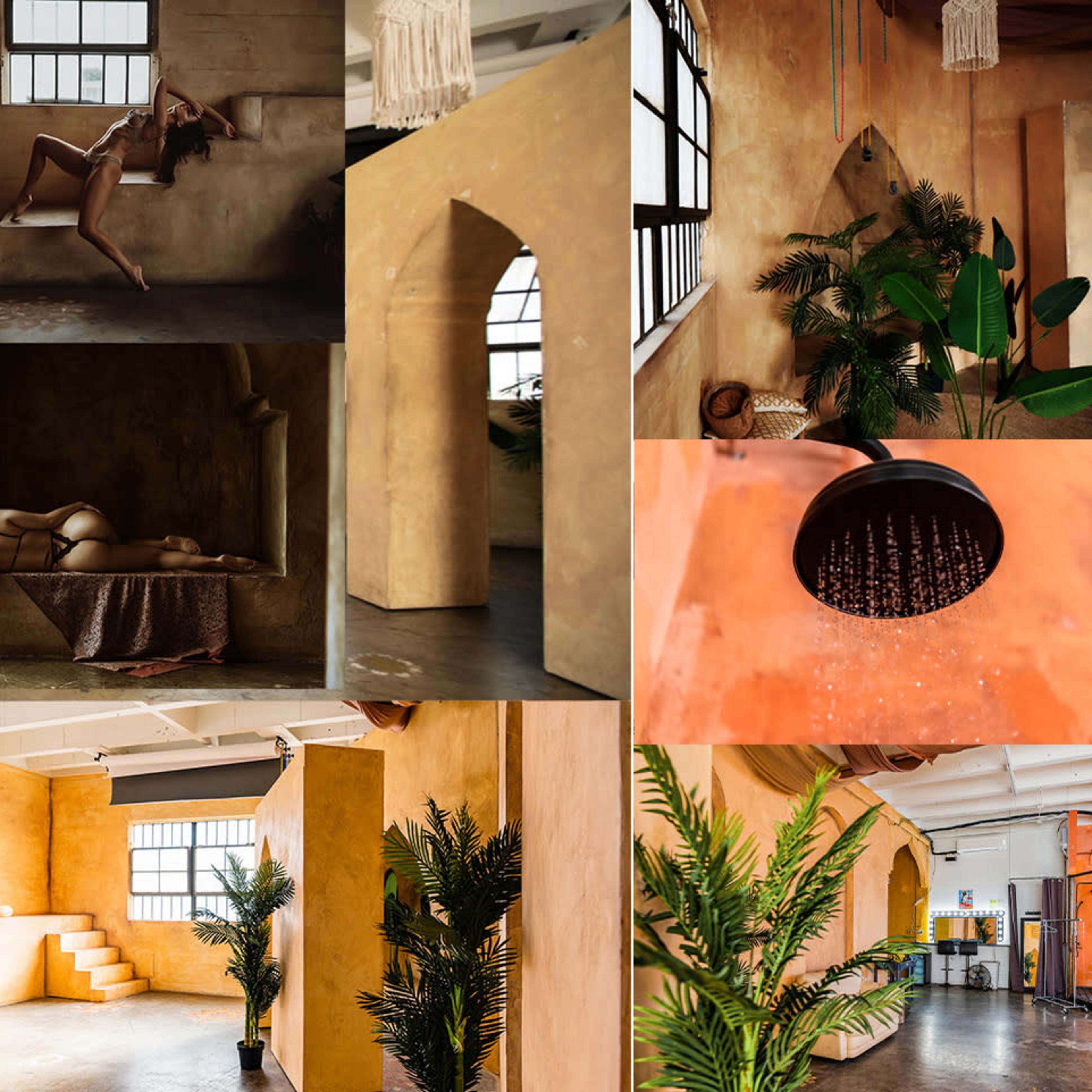 A collection of interior spaces featuring warm, earthy tones, artistic furniture, and plants, highlighting both lounging and artistic poses of the model.