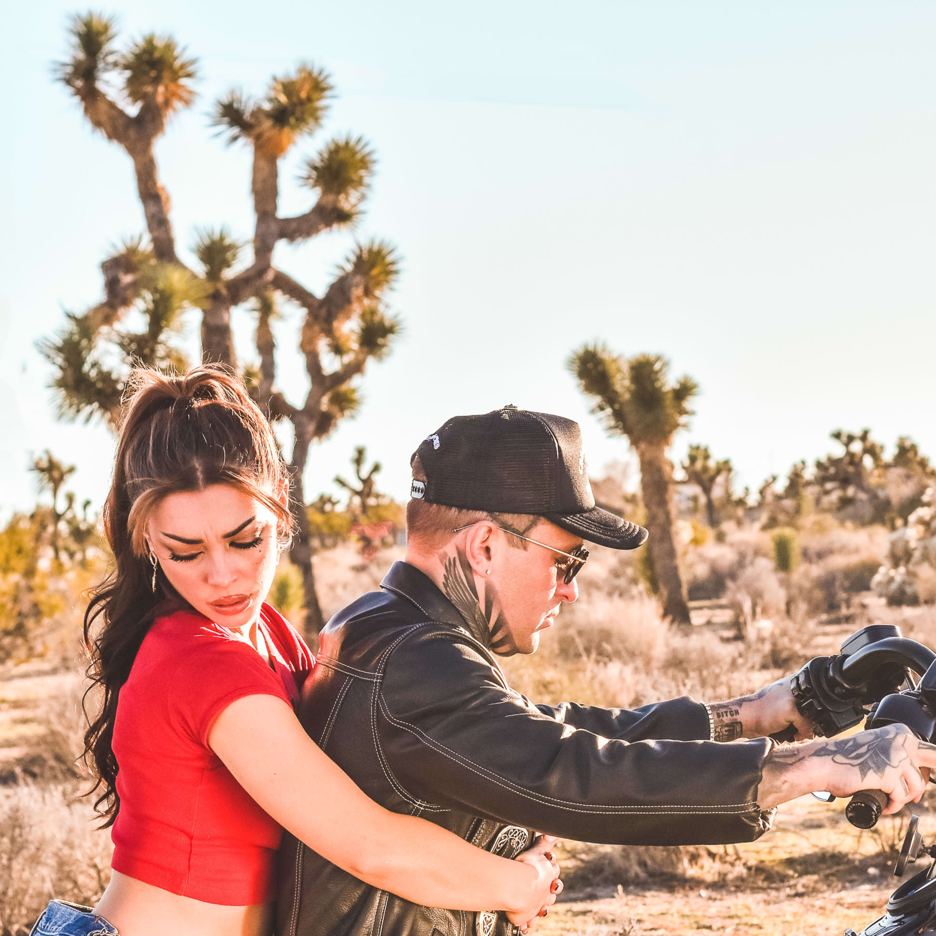 A woman in a red crop top embraces a man wearing a leather jacket and sunglasses as he sits on a motorcycle in a desert landscape with Joshua trees.