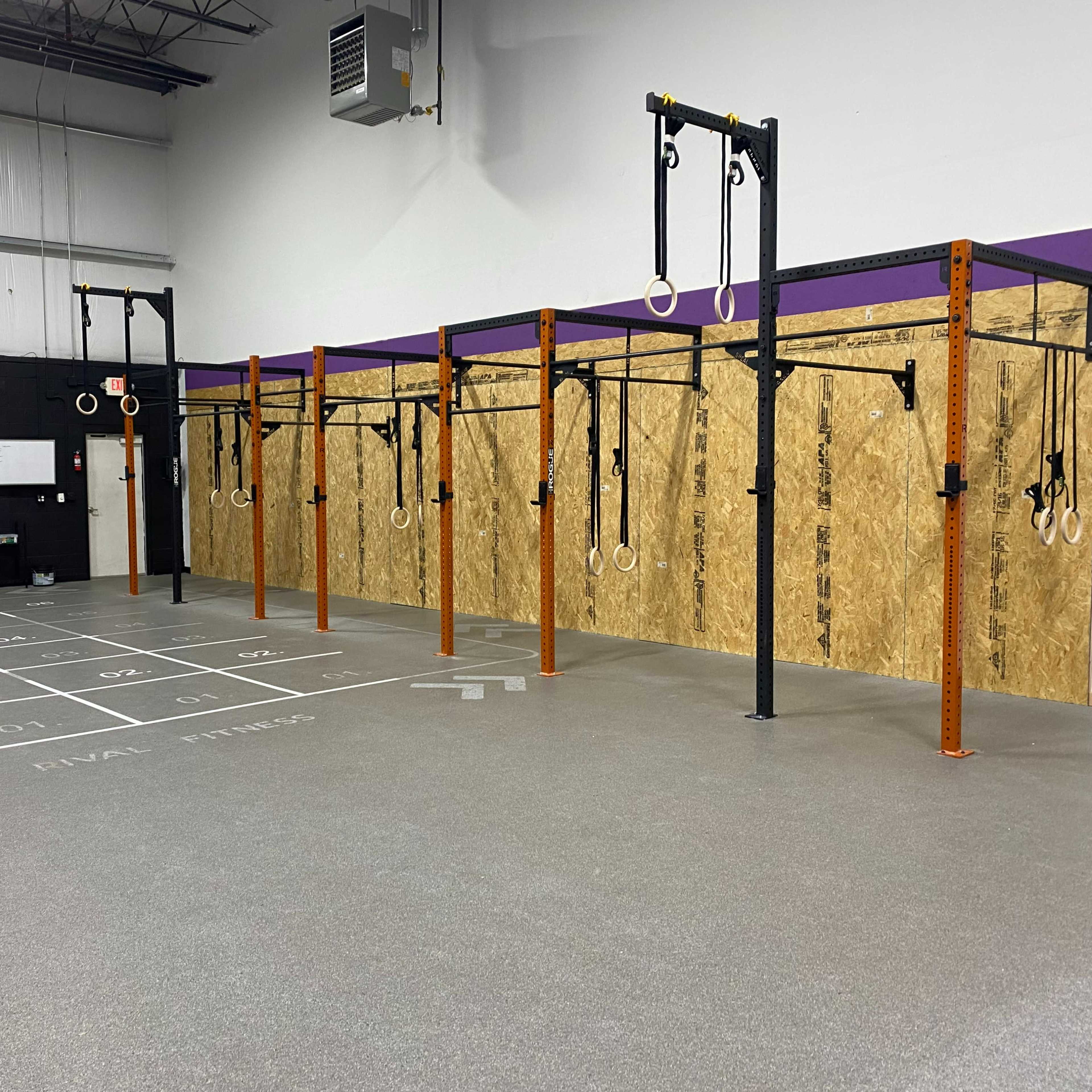 A gym interior equipped with several pull-up bars and hanging rings along a wooden wall, with a marked training area on the floor.