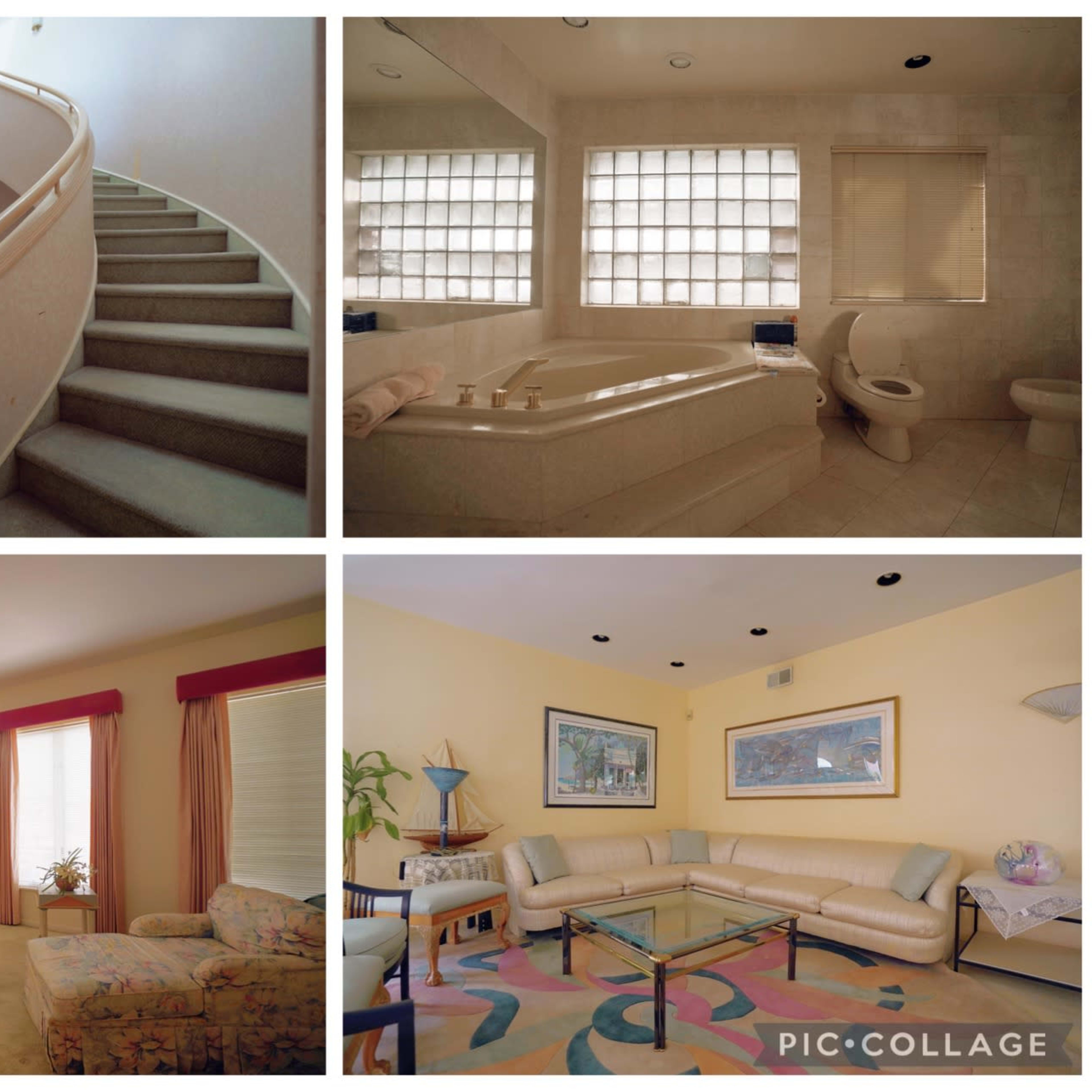 Four distinct interior spaces: a staircase leading to an upper level, a bathroom with a tub and toilet, a bedroom with a bed and seating area, and a living room with a couch and coffee table.