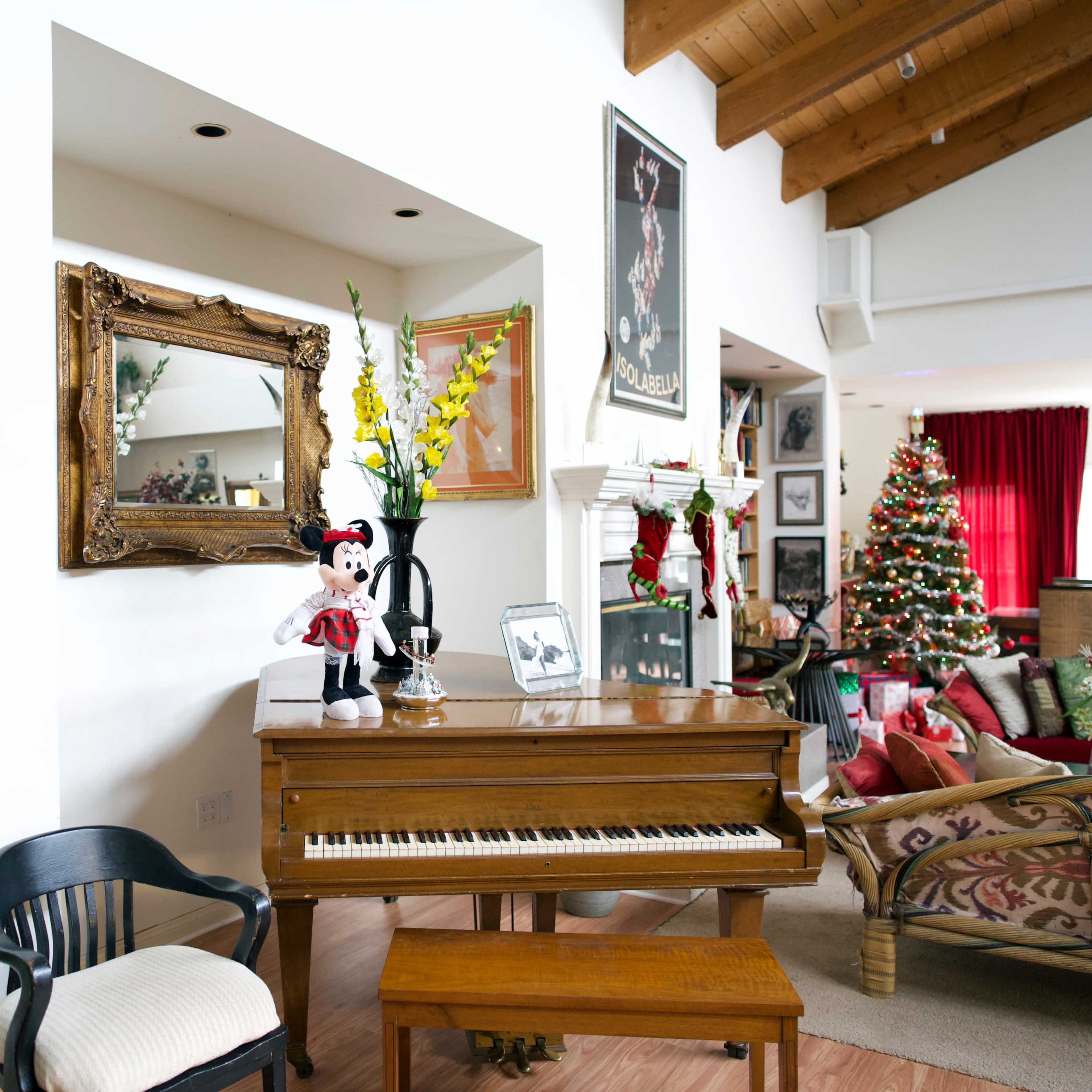A living room featuring a piano, a Christmas tree, framed artwork on the walls, and decorative plants.