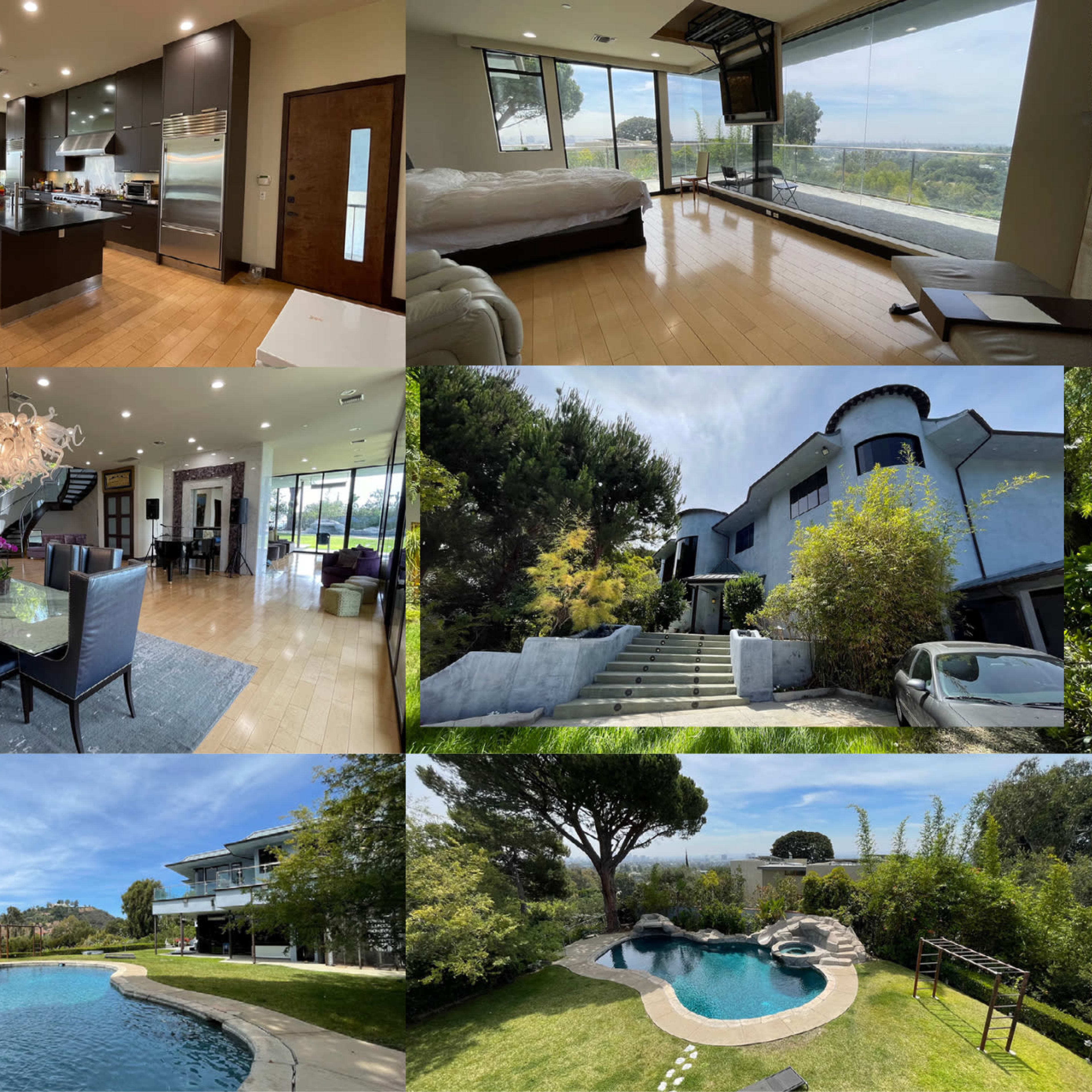 A collage of various scenes from a modern residential property, including a kitchen, living areas, outdoor spaces with a pool, and views of the surrounding landscape.