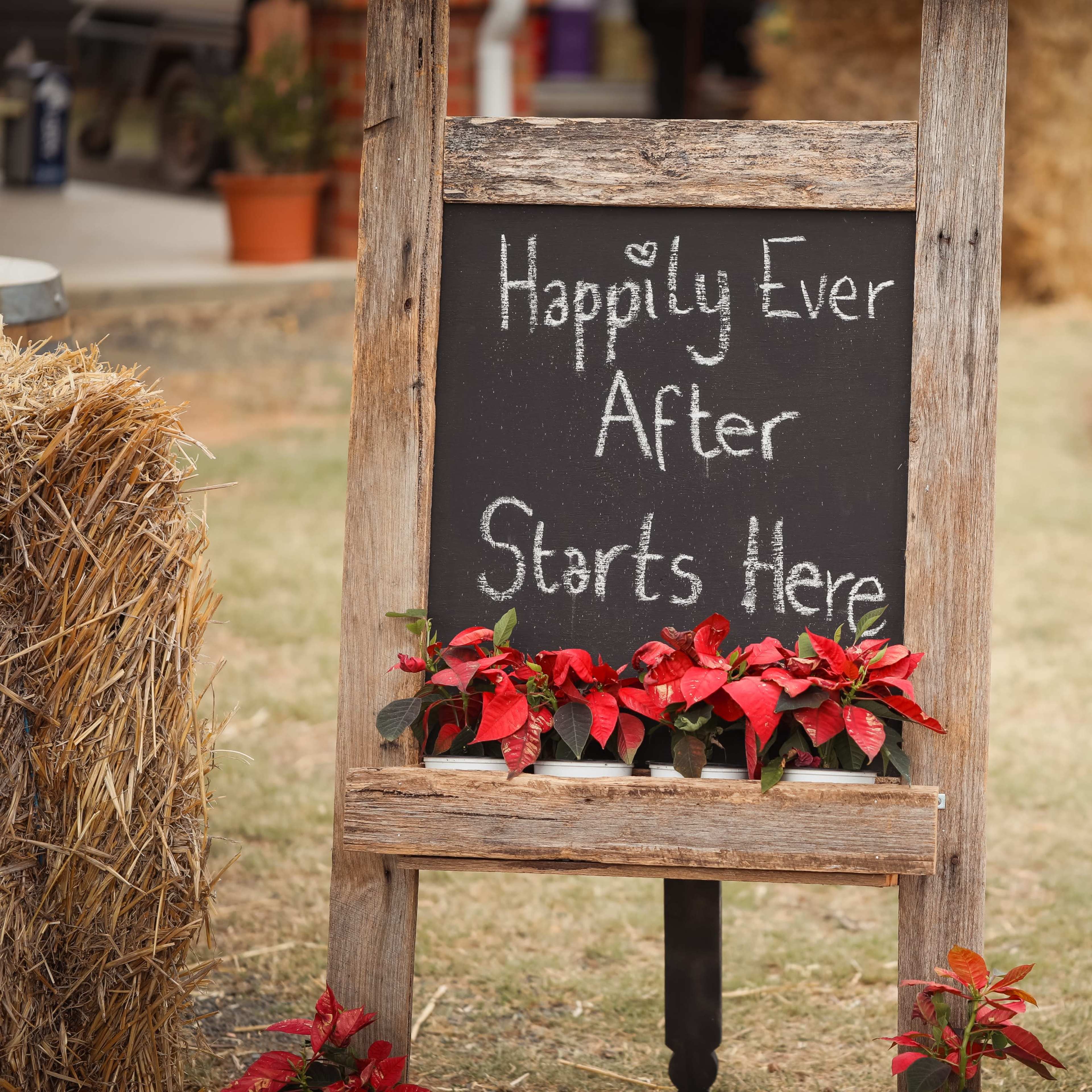 A wooden sign with a chalkboard surface displays the message "Happily Ever After Starts Here" surrounded by decorative plants.