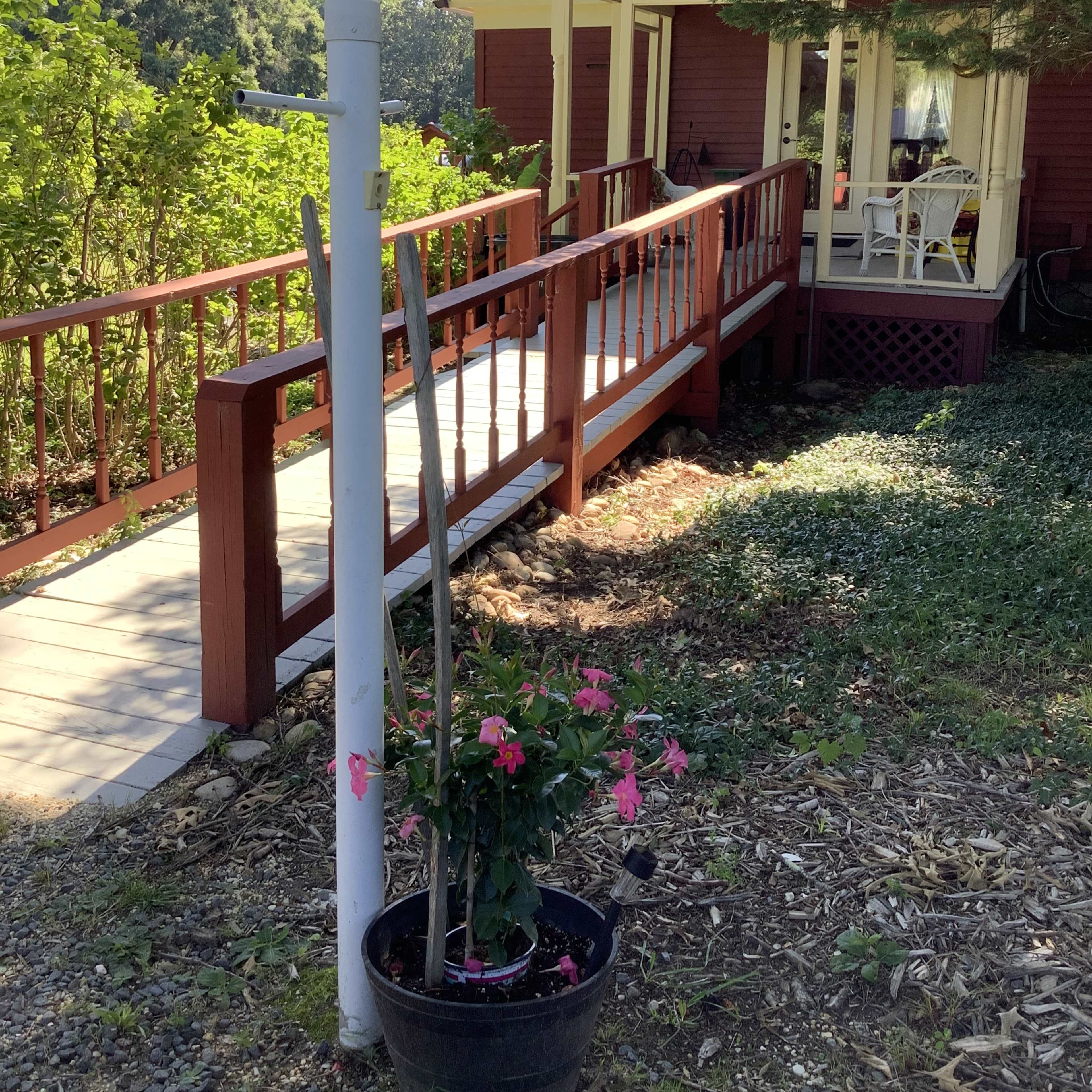 A white lamp post stands next to a potted plant on a path leading to a red house with a wooden ramp and porch.