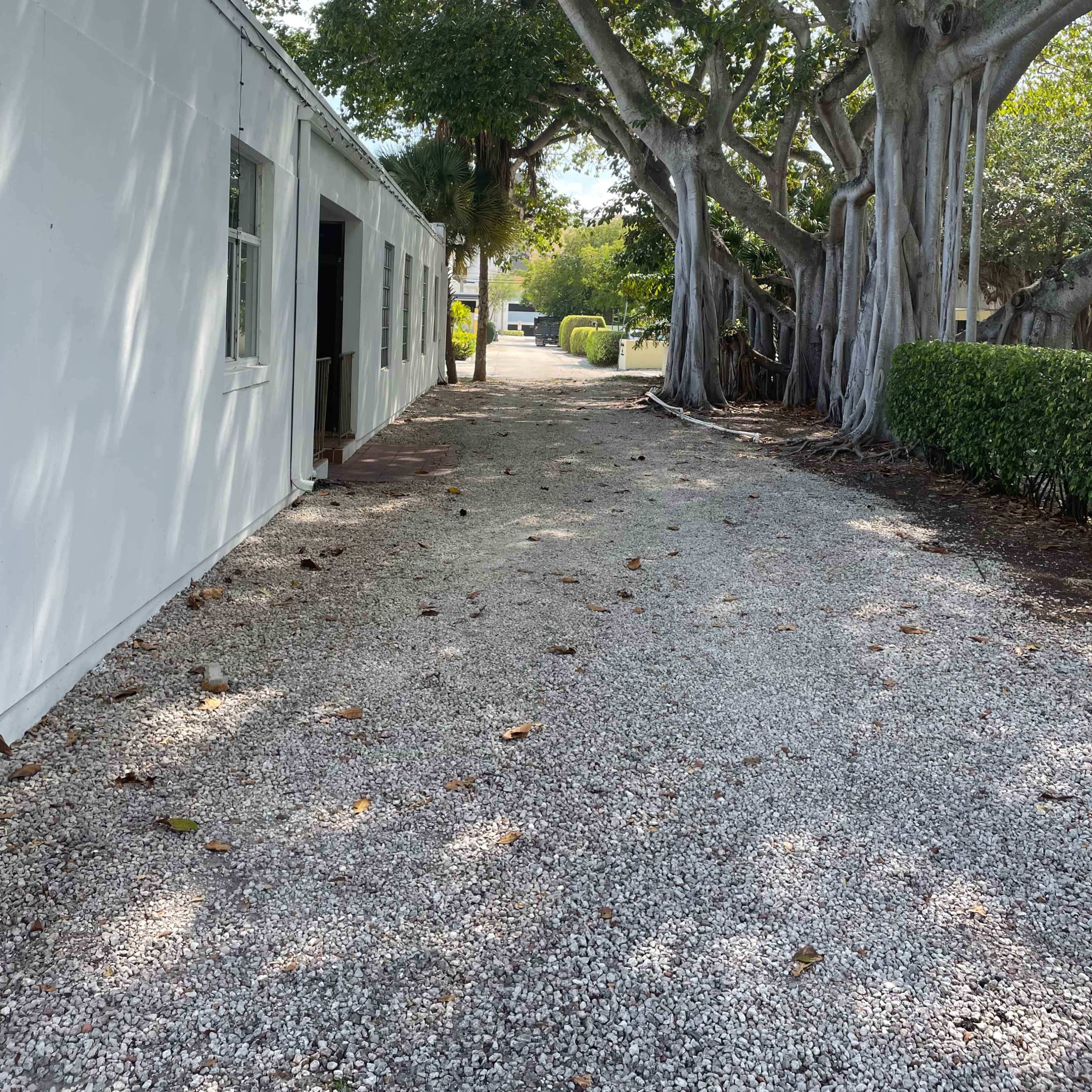 A gravel pathway lined by a white building and lush trees leads to a distant view of greenery.
