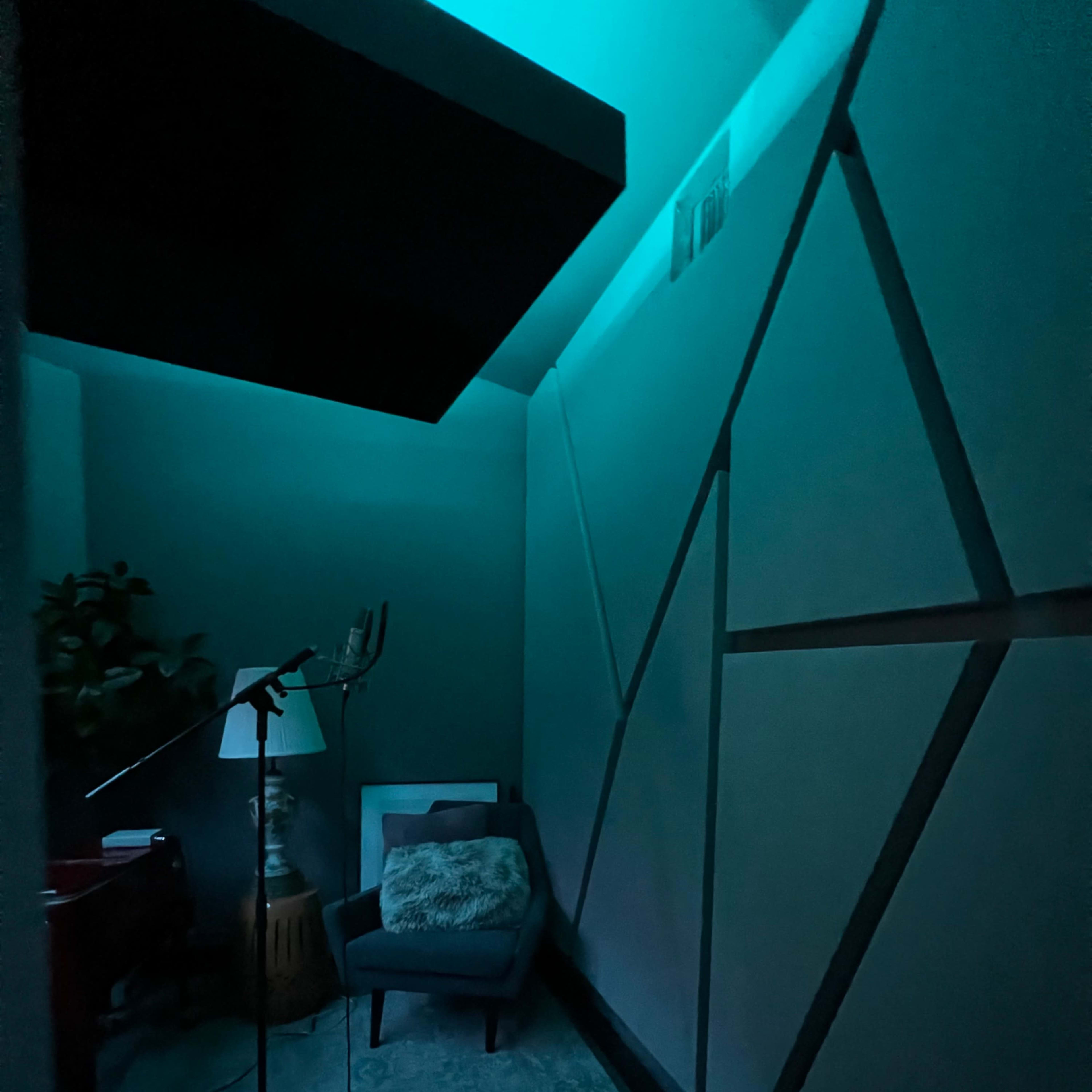 A dimly lit recording studio with a microphone on a stand, a chair, and a small table beside a plant.