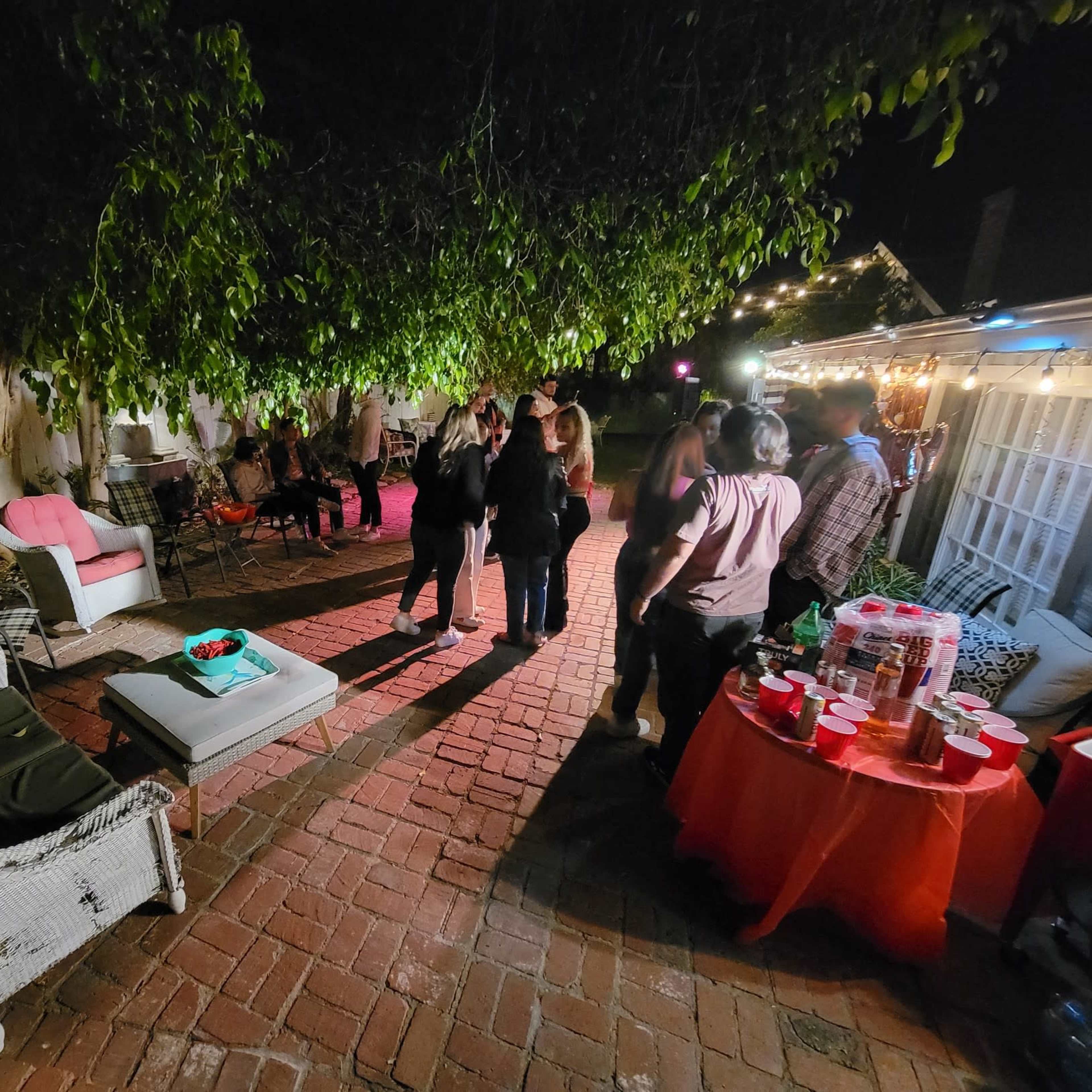 A group of people gathers in a backyard setting decorated with string lights, surrounded by greenery and outdoor furniture.