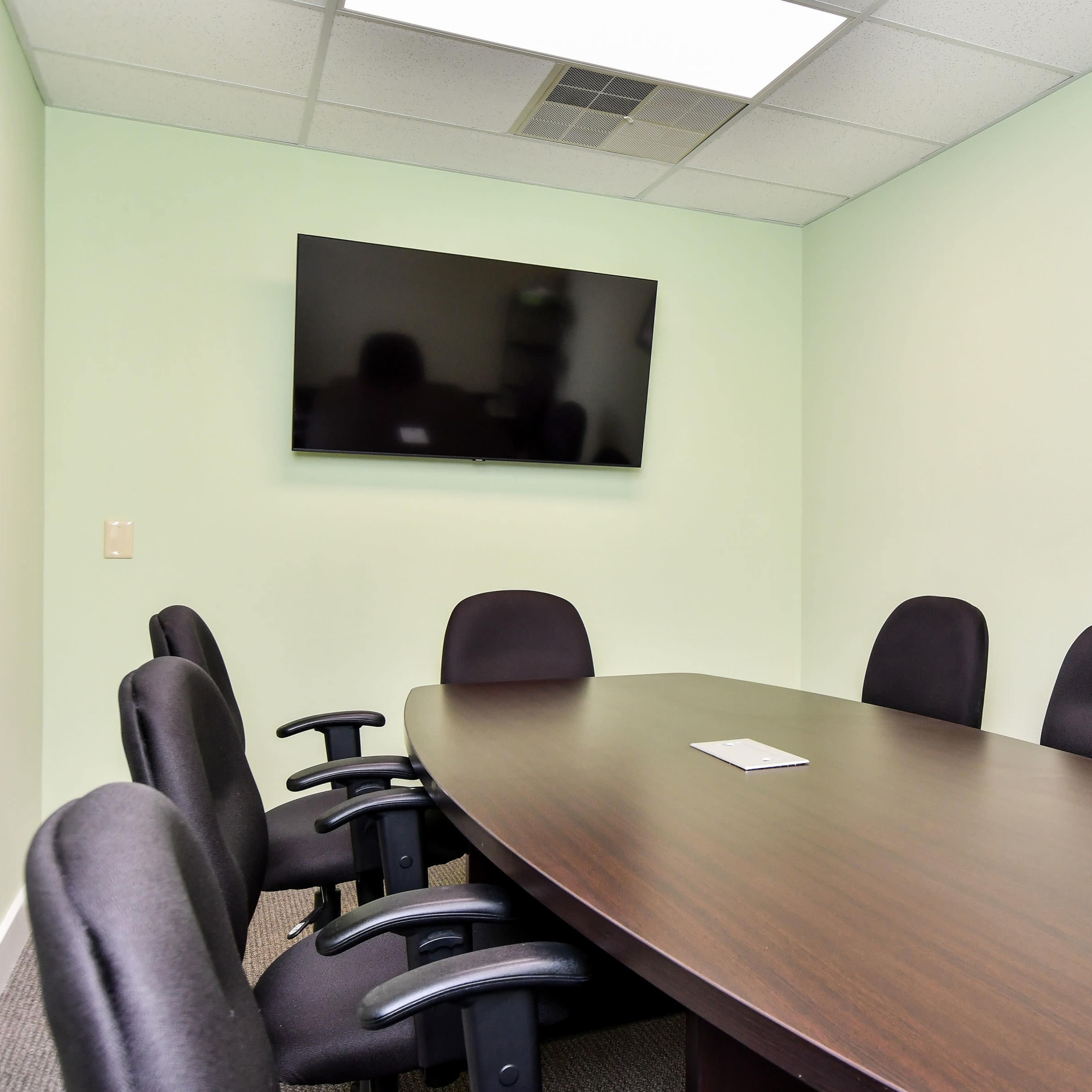 A conference room features a large oval table surrounded by black chairs, with a wall-mounted television and a framed photograph on the green walls.