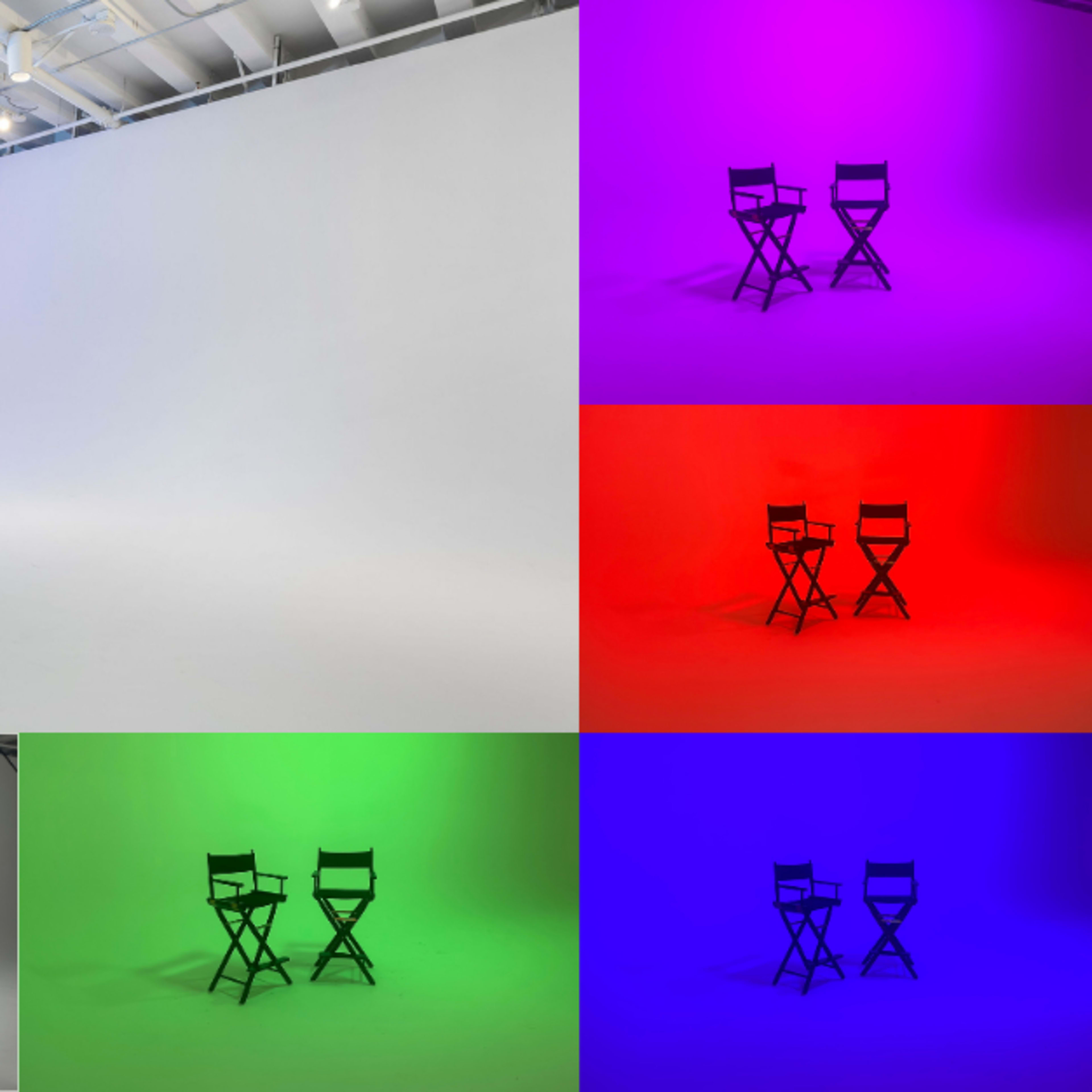 Six sections, each displaying two black chairs against different colored backgrounds, including white, purple, red, green, and blue.