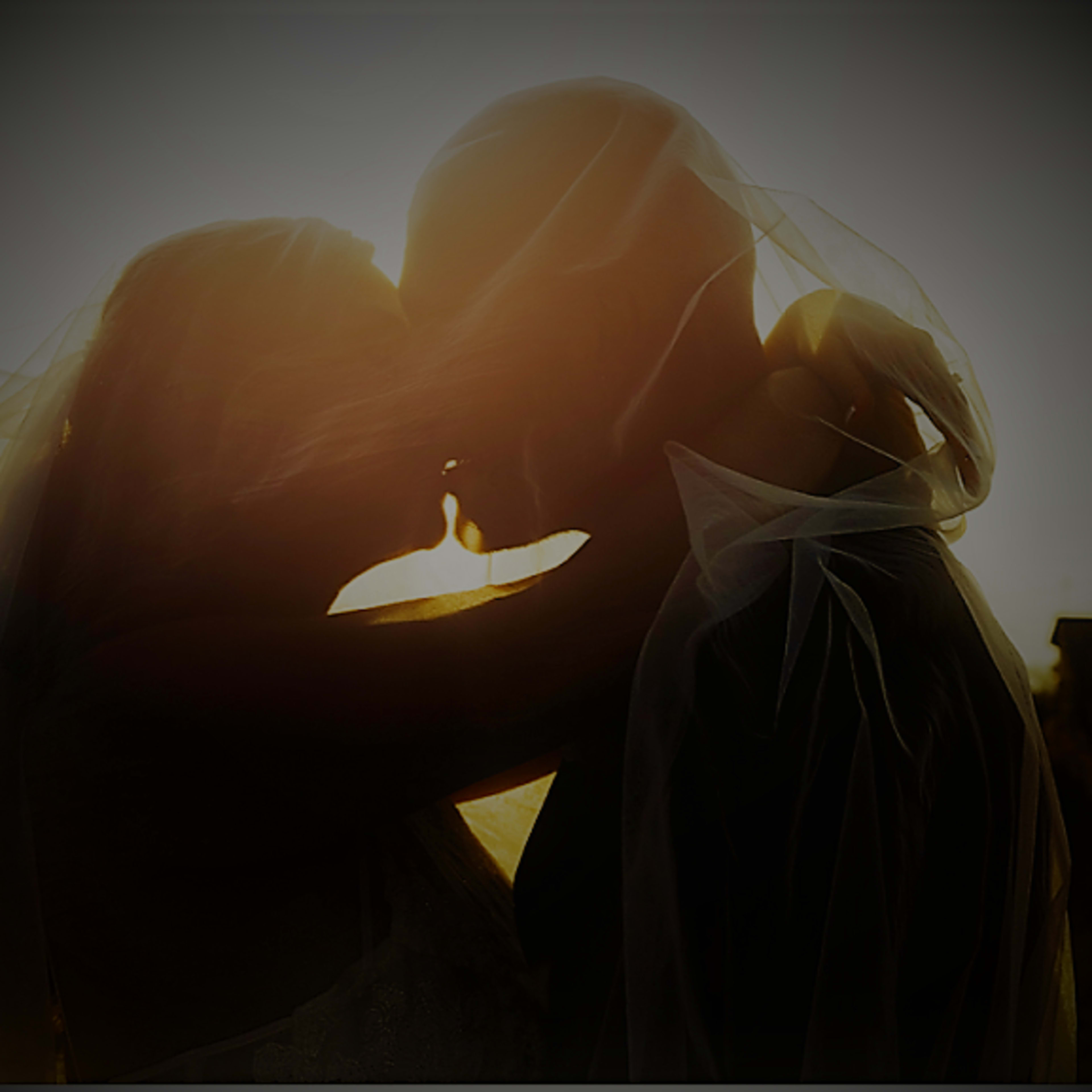 A couple shares a kiss at sunset, silhouetted against the glowing light.