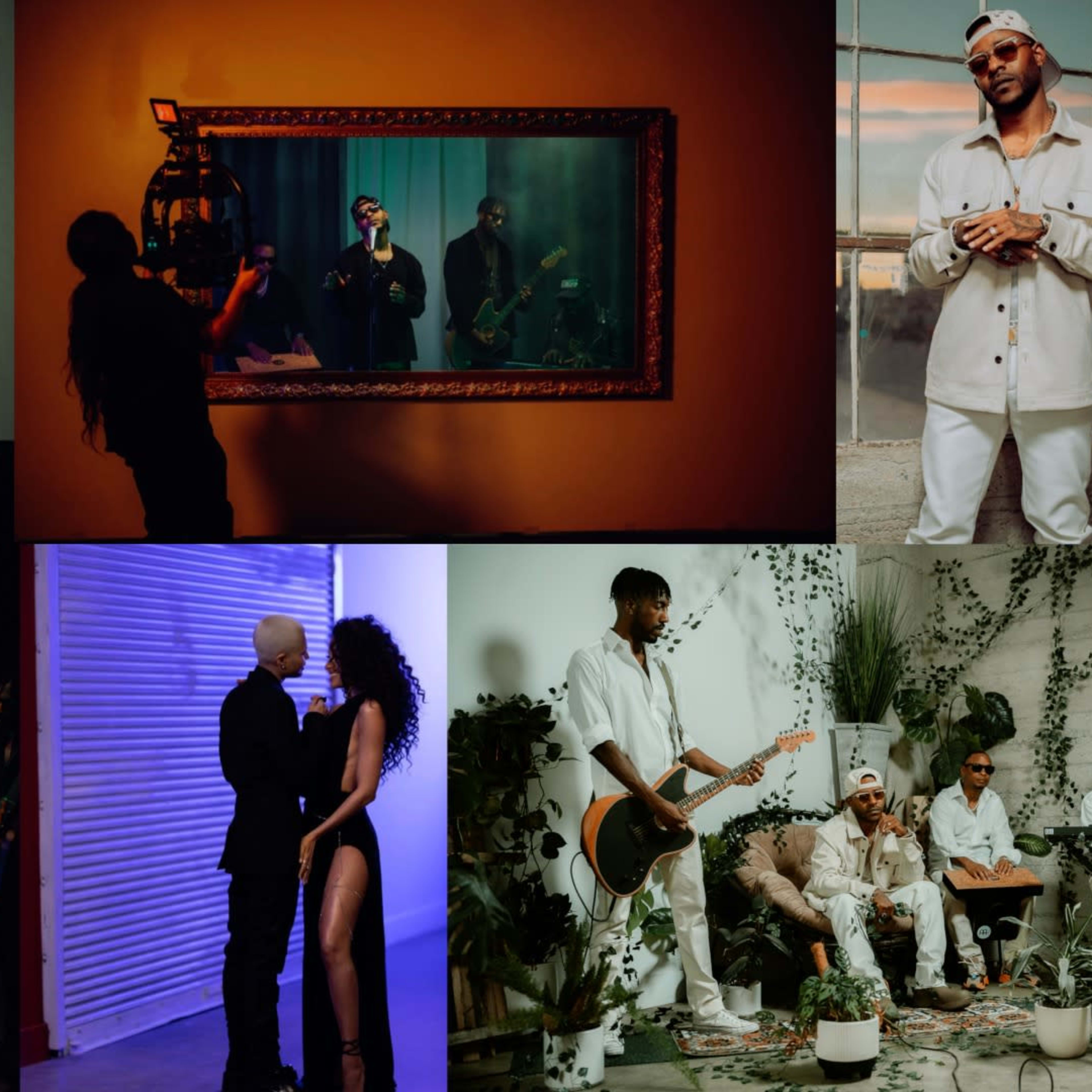 Features various scenes of musicians and performers in a studio or artistic setting, including a band playing instruments, a couple dancing, and individuals preparing for a photoshoot.