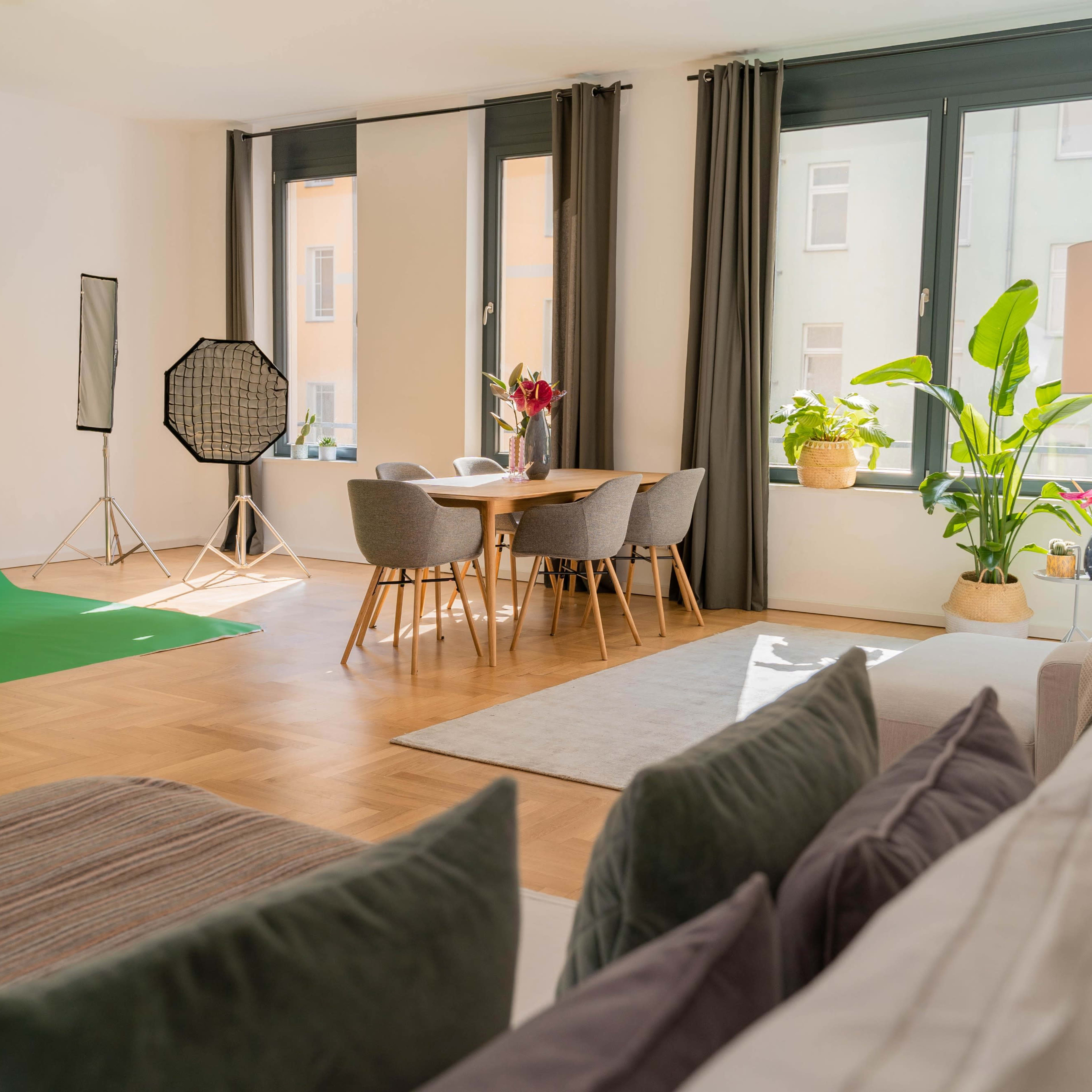 A bright interior studio space featuring a green backdrop, a dining table, and several plants.