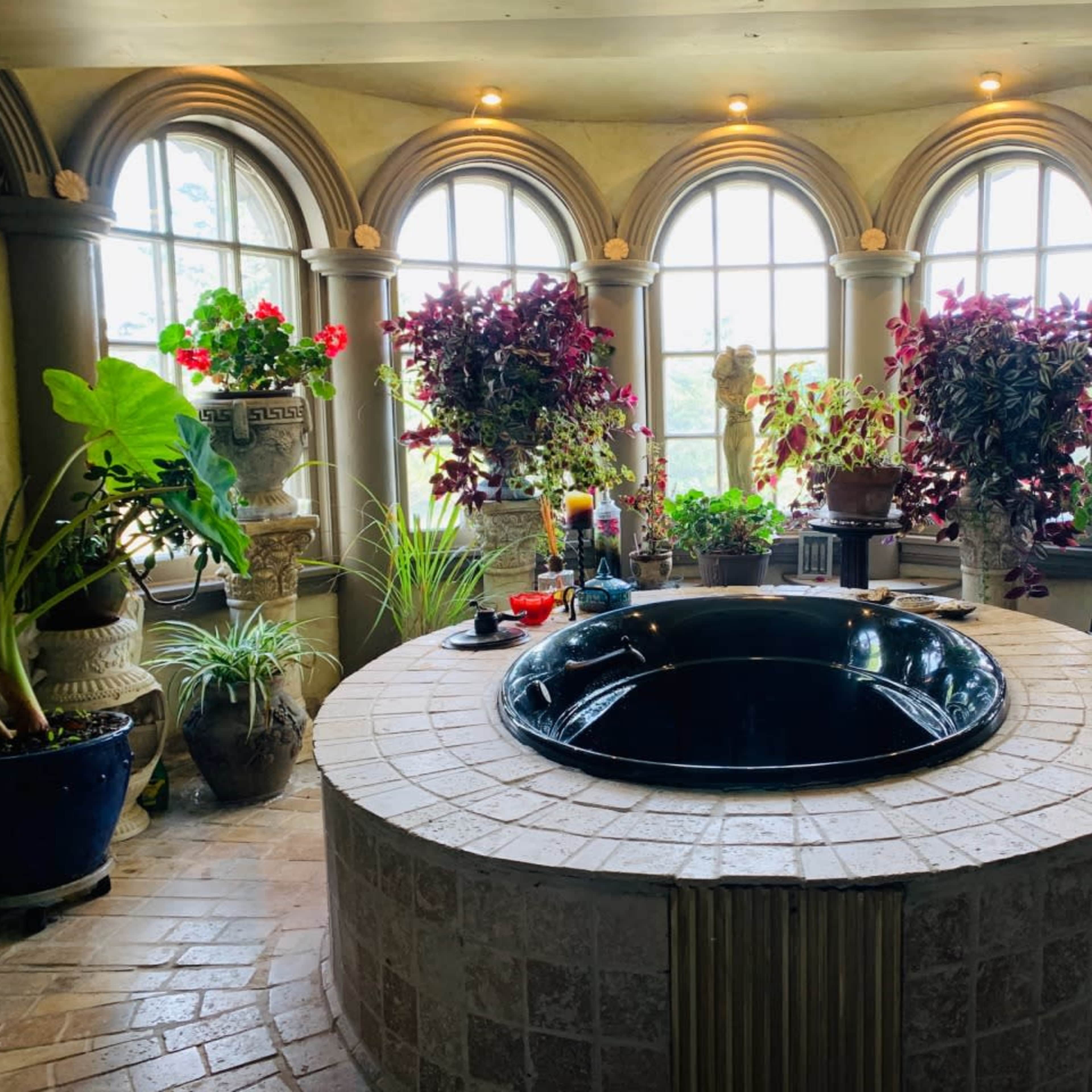 A circular black jacuzzi is surrounded by ornate windows adorned with potted plants and flowers in a well-lit room.