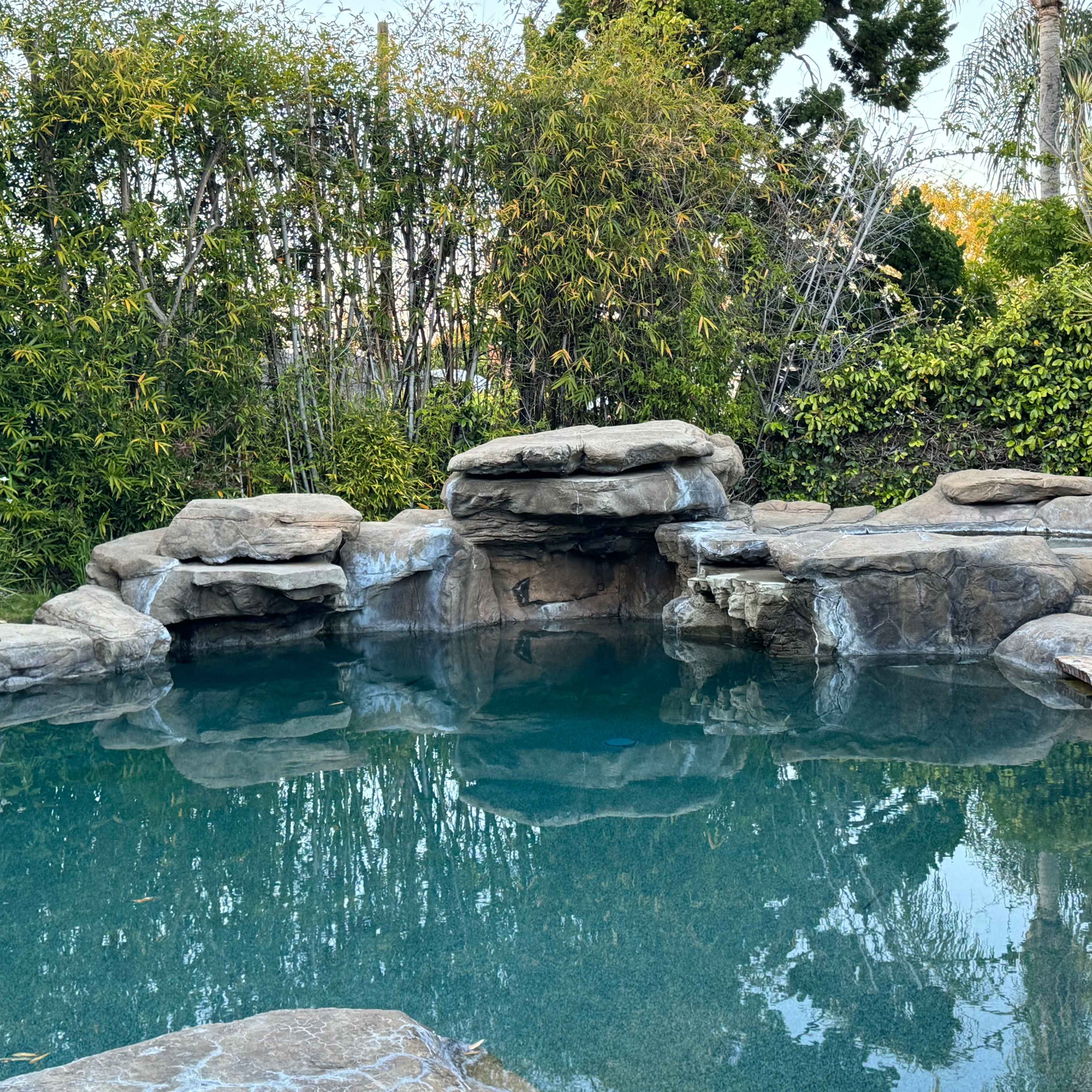 A landscaped pool area with natural stone features and lush greenery surrounding the water.