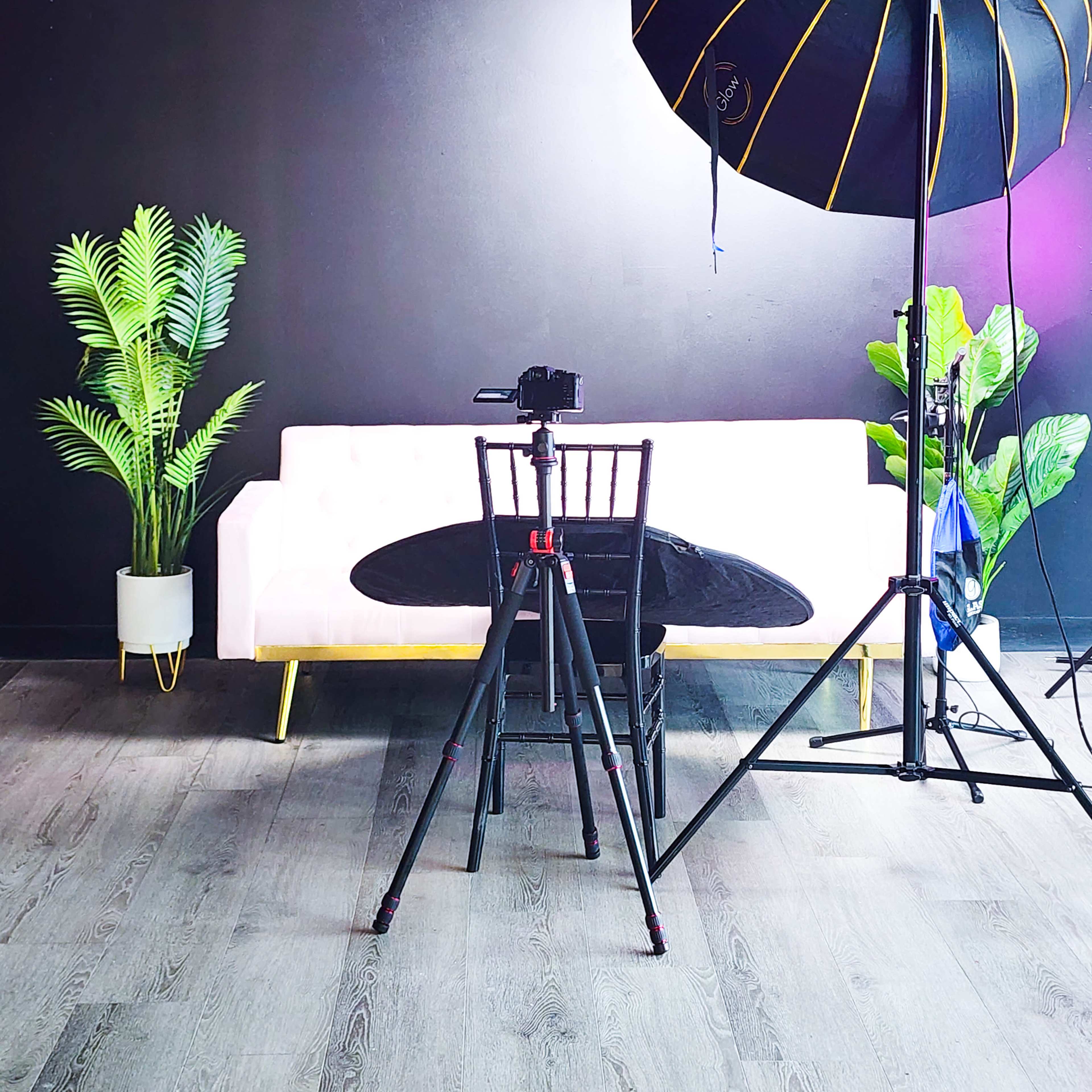A photography setup featuring a softbox light above a black table, a tripod with a camera, a pink sofa against a black wall, and decorative plants.